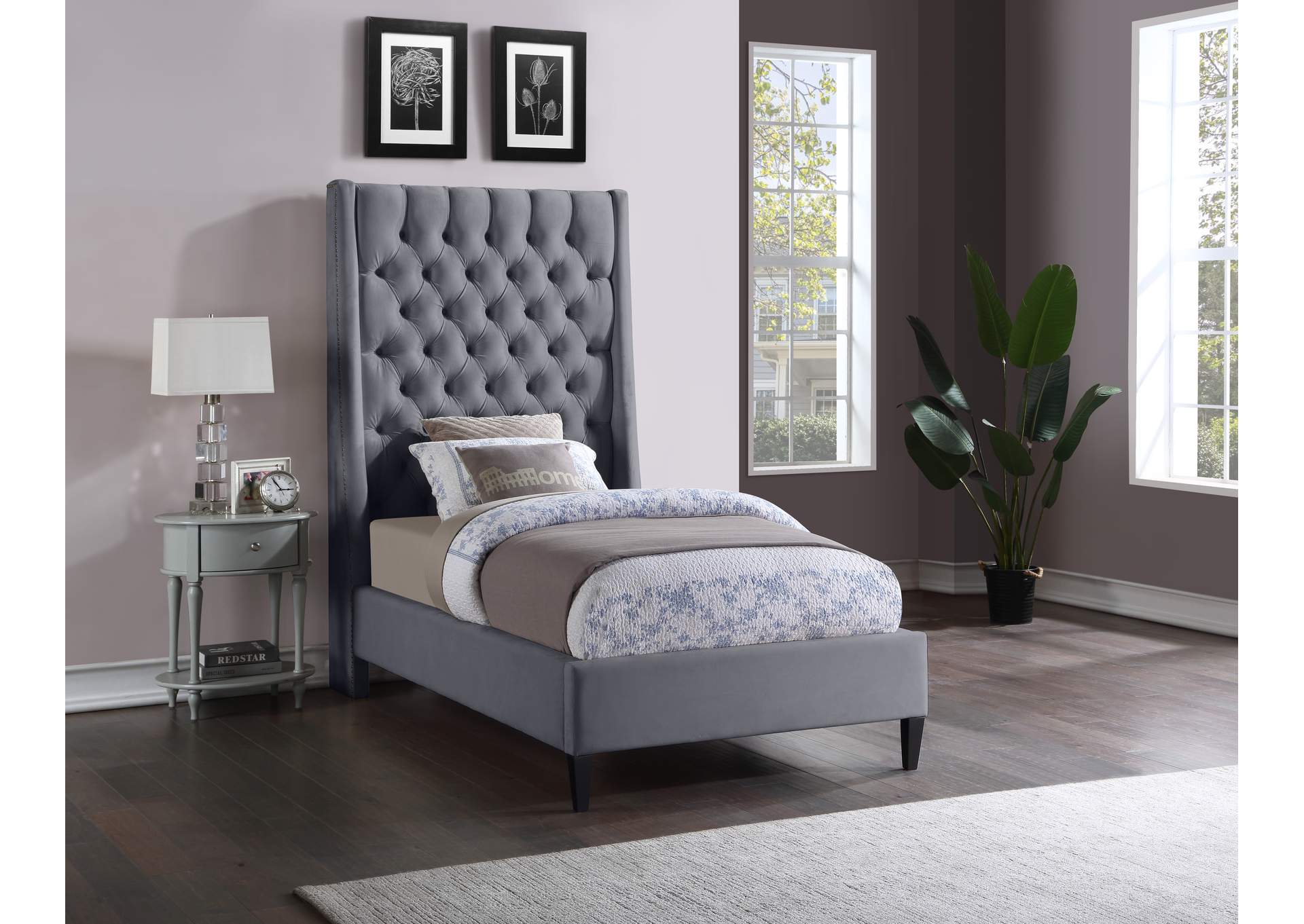 Fritz Grey Velvet Twin Bed,Meridian Furniture