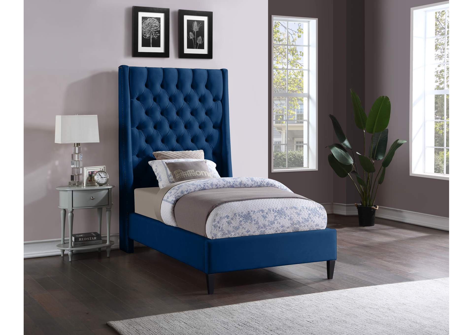 Fritz Navy Velvet Twin Bed,Meridian Furniture