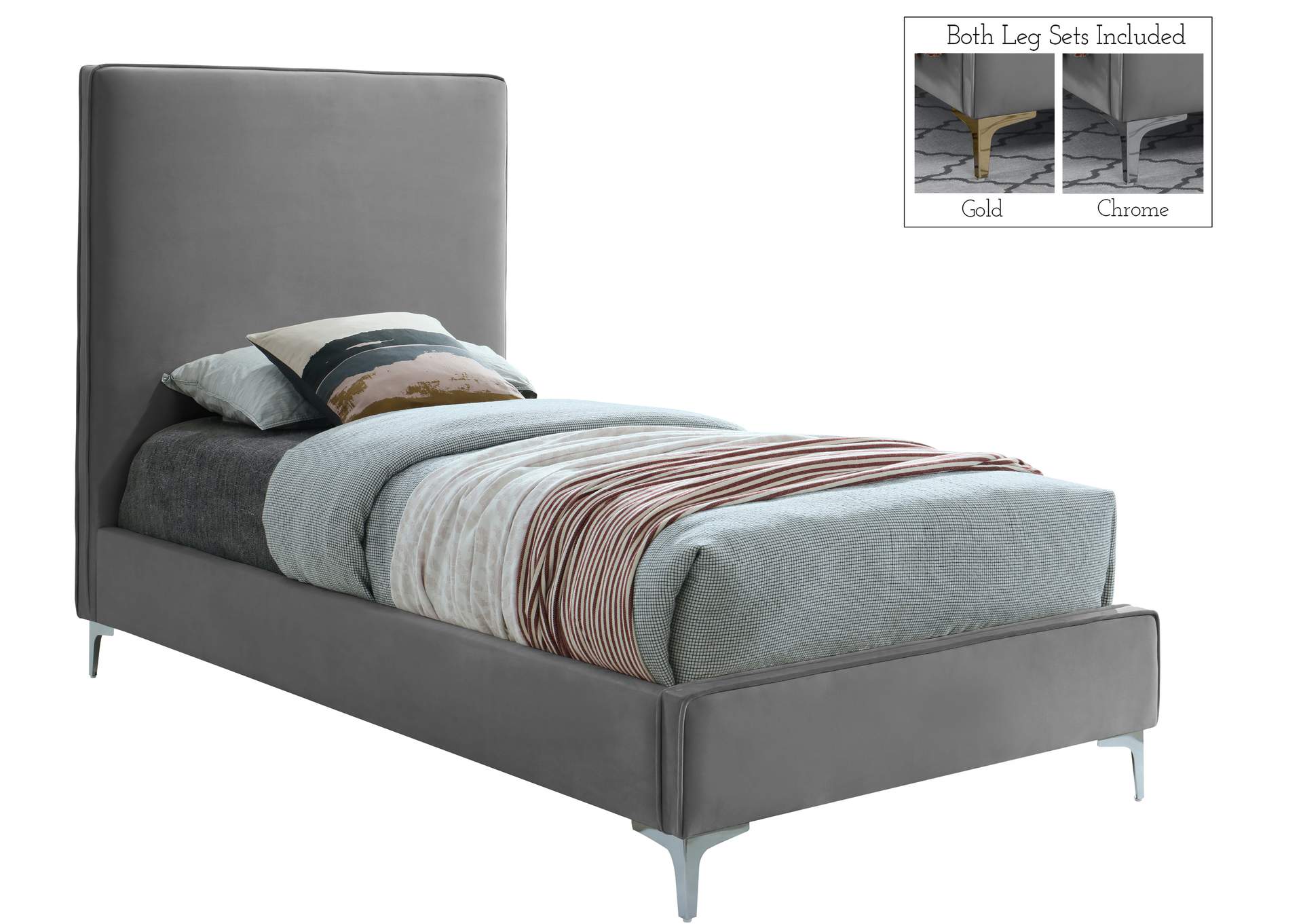 Geri Grey Velvet Twin Bed,Meridian Furniture