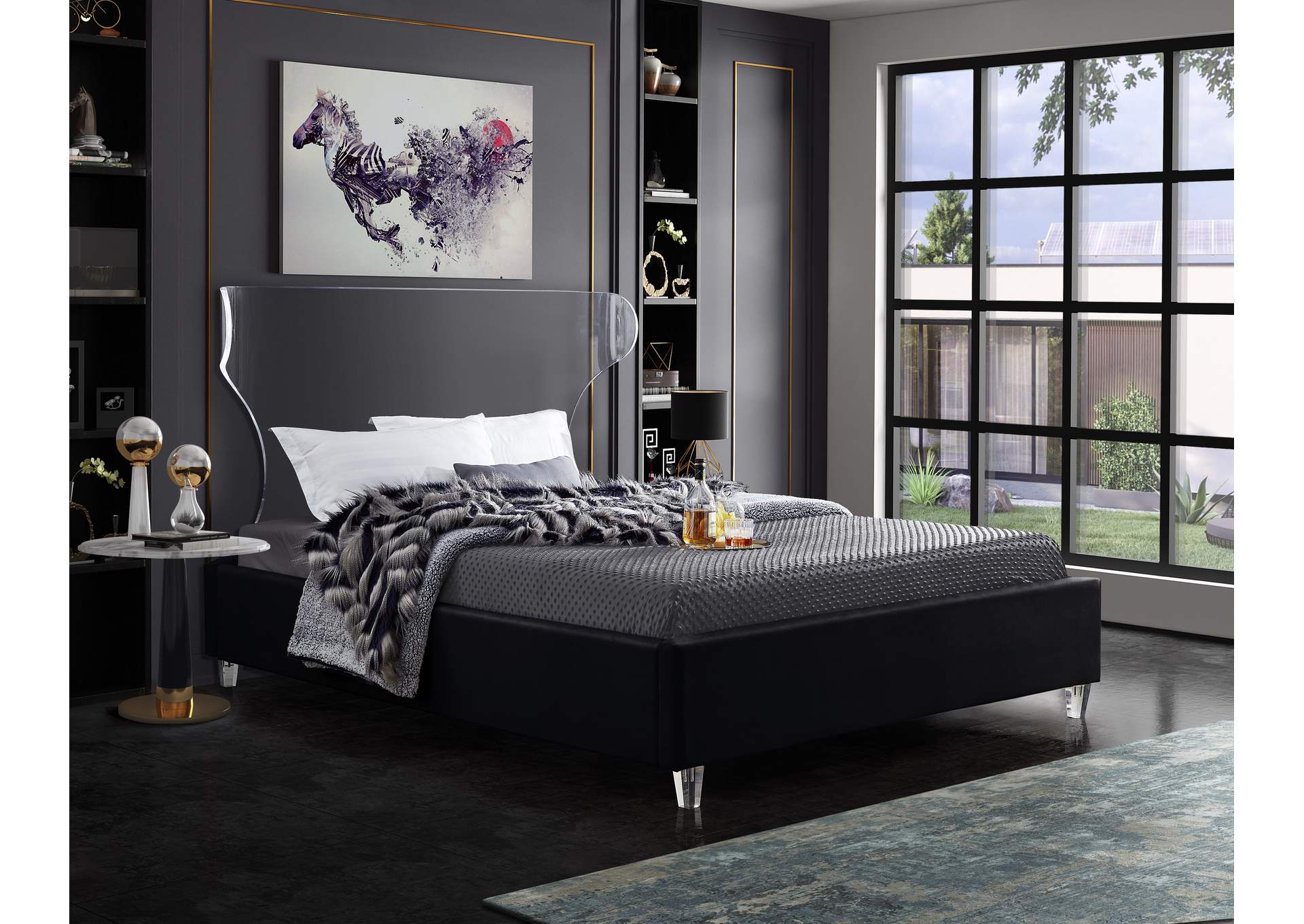 Ghost Black Velvet Full Bed,Meridian Furniture