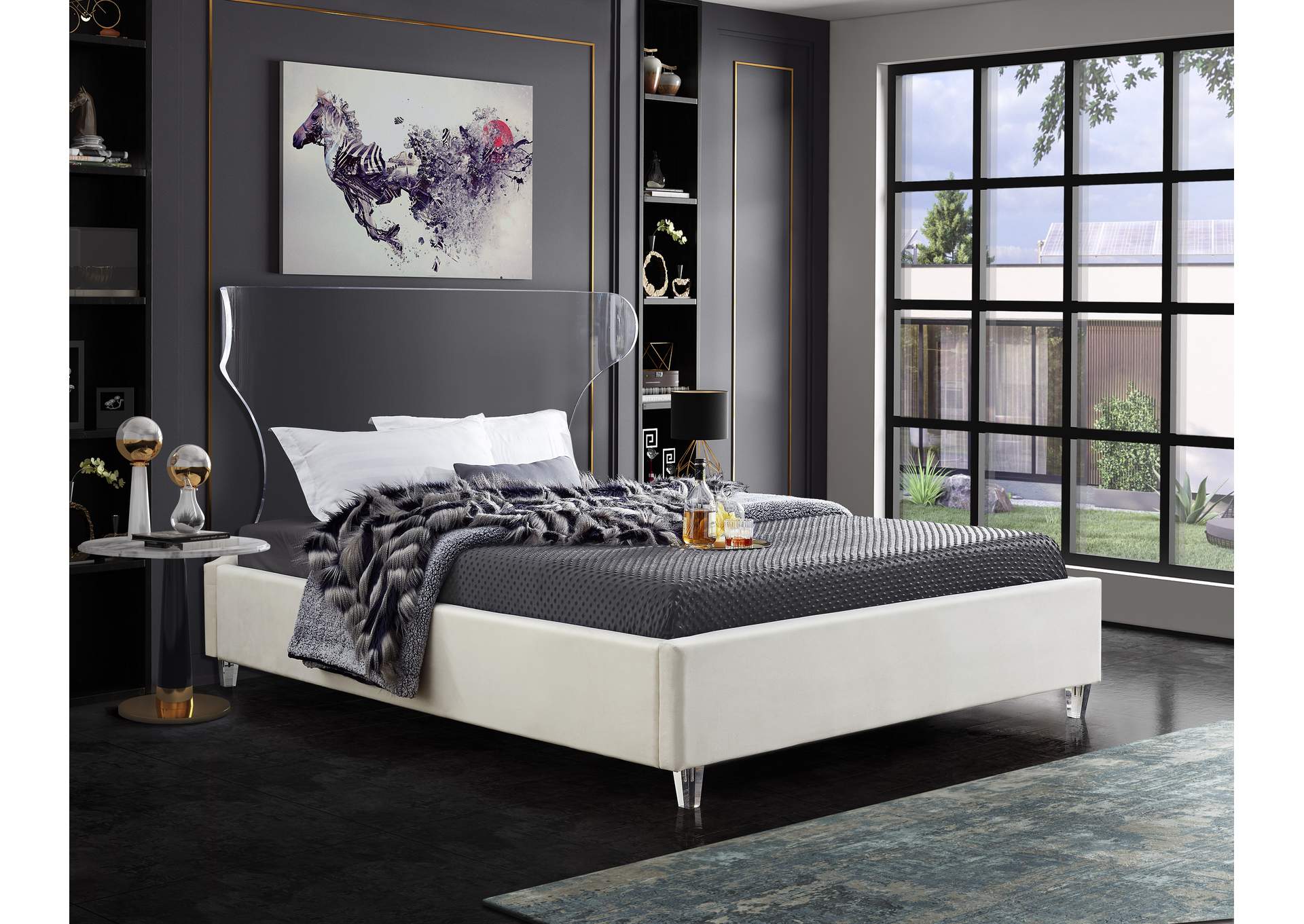 Ghost Cream Velvet Full Bed,Meridian Furniture