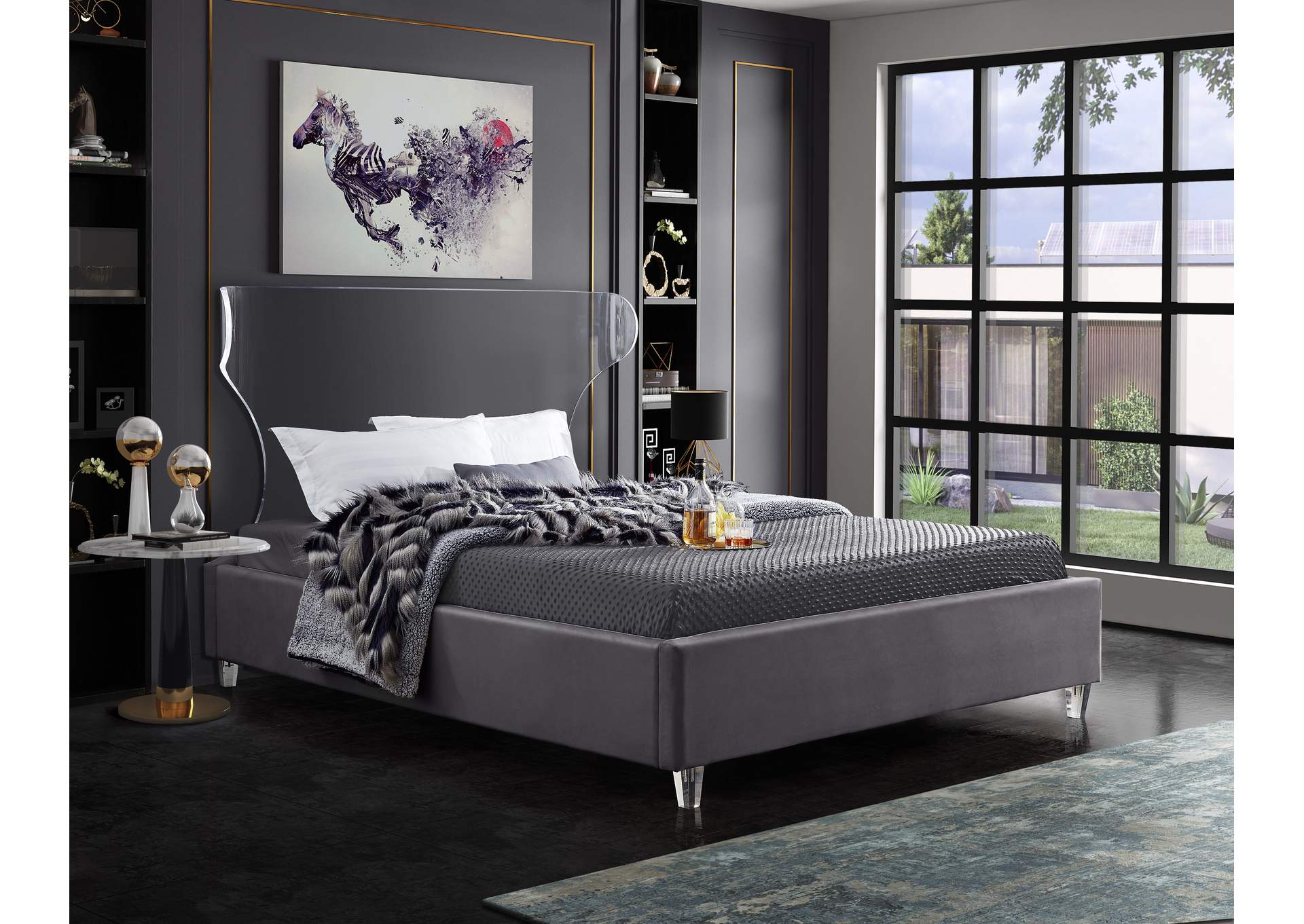 Ghost Grey Velvet Full Bed,Meridian Furniture