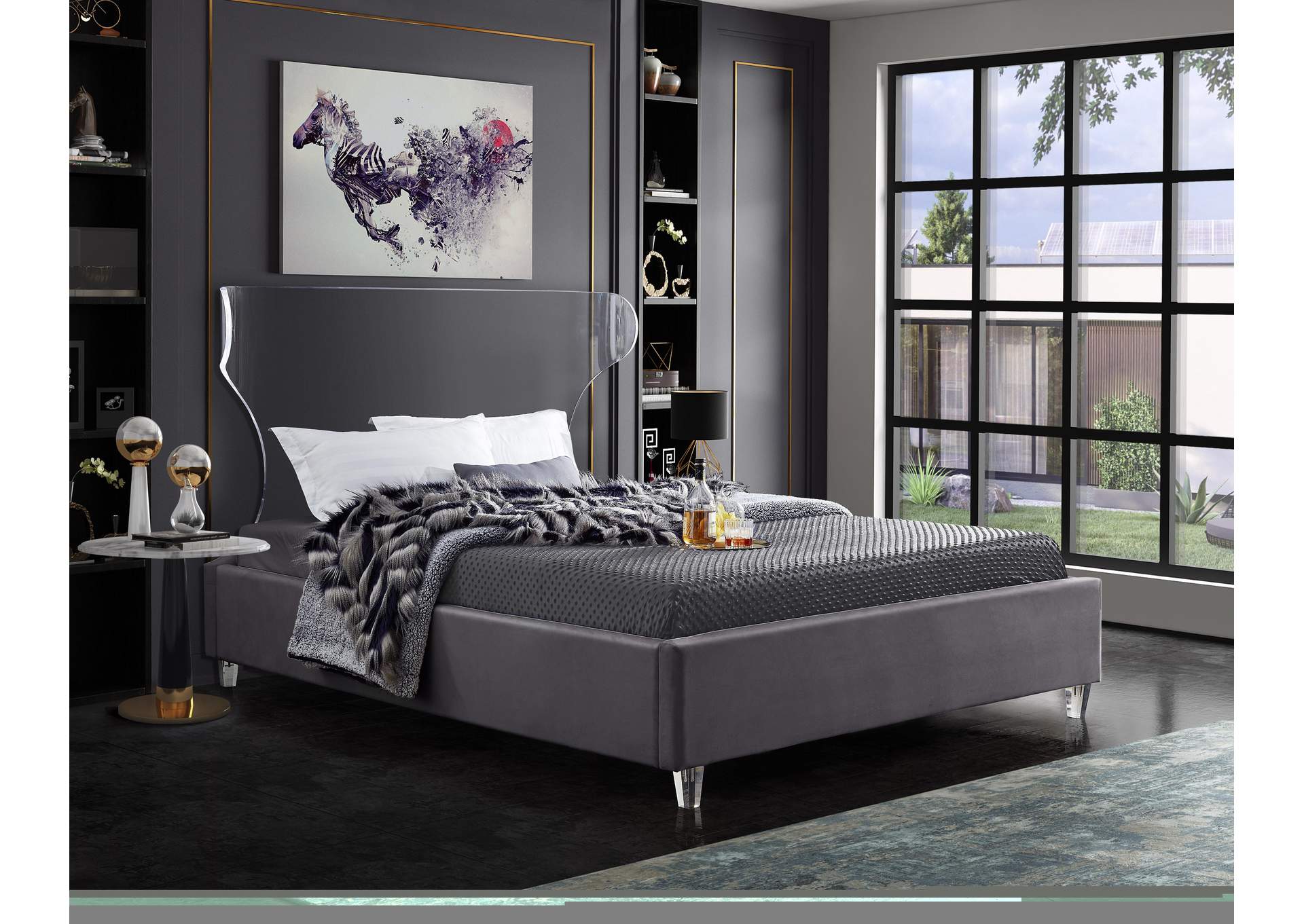 Ghost Grey Velvet Queen Bed,Meridian Furniture