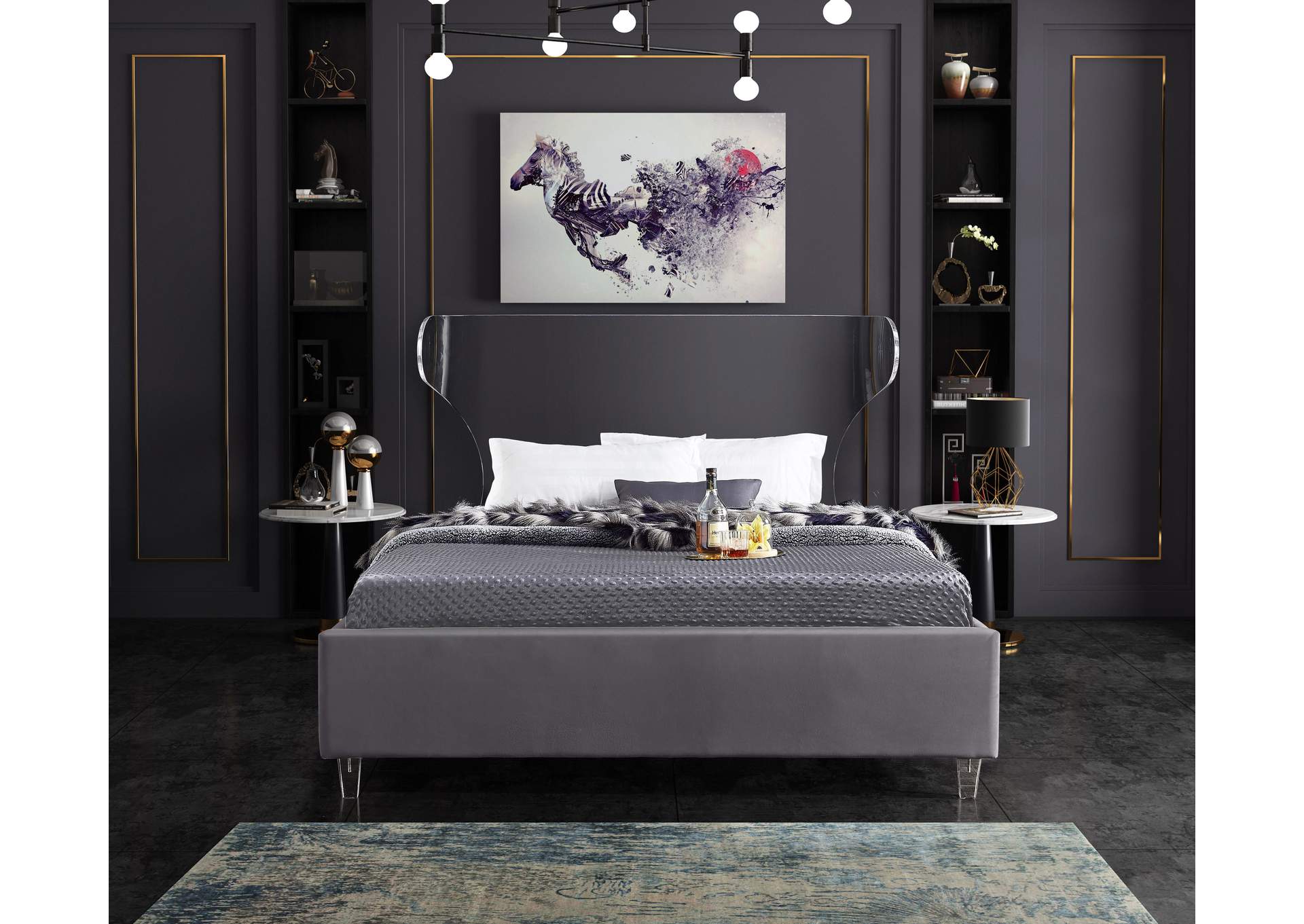 Ghost Grey Velvet Queen Bed,Meridian Furniture