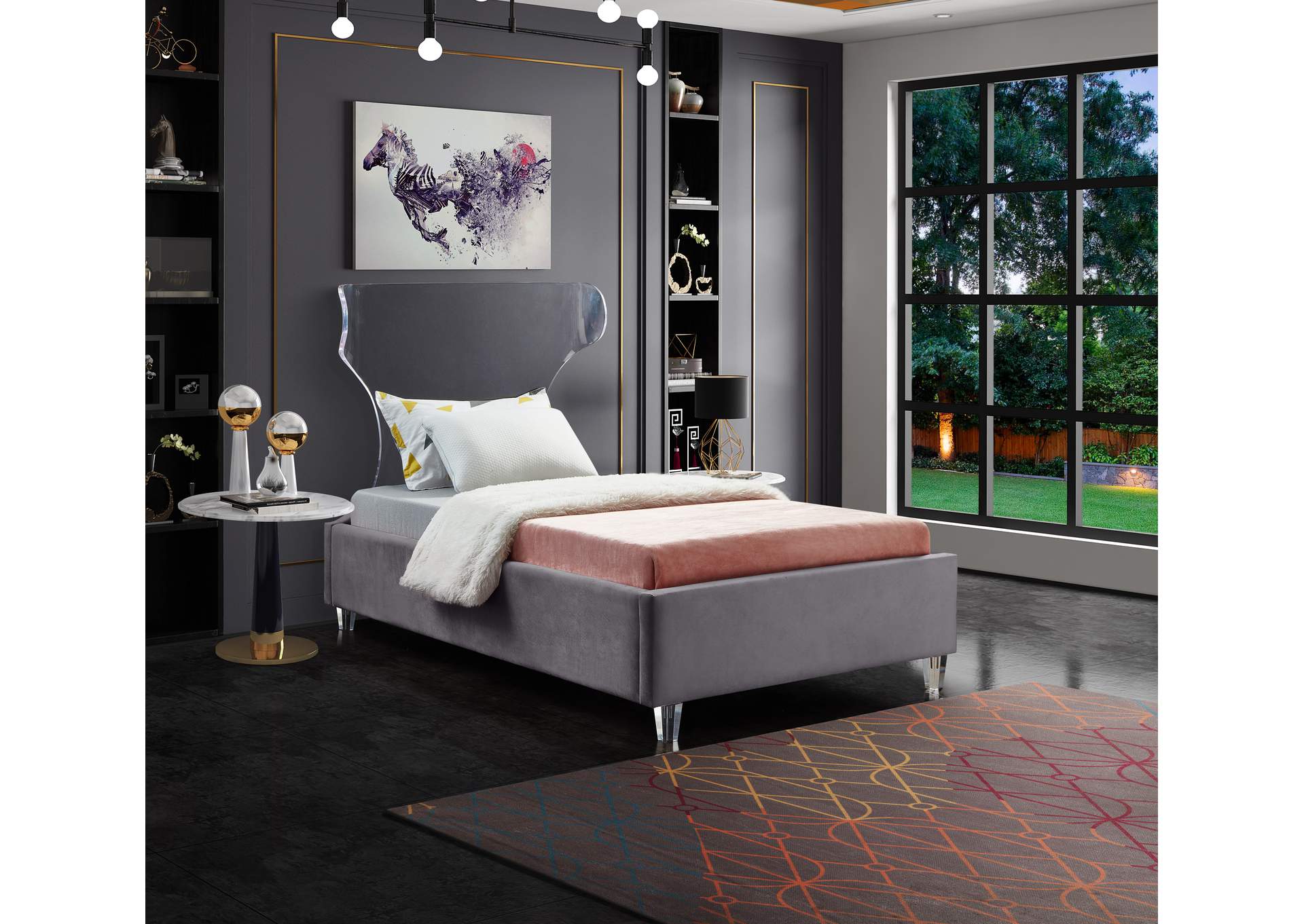 Ghost Grey Velvet Twin Bed,Meridian Furniture