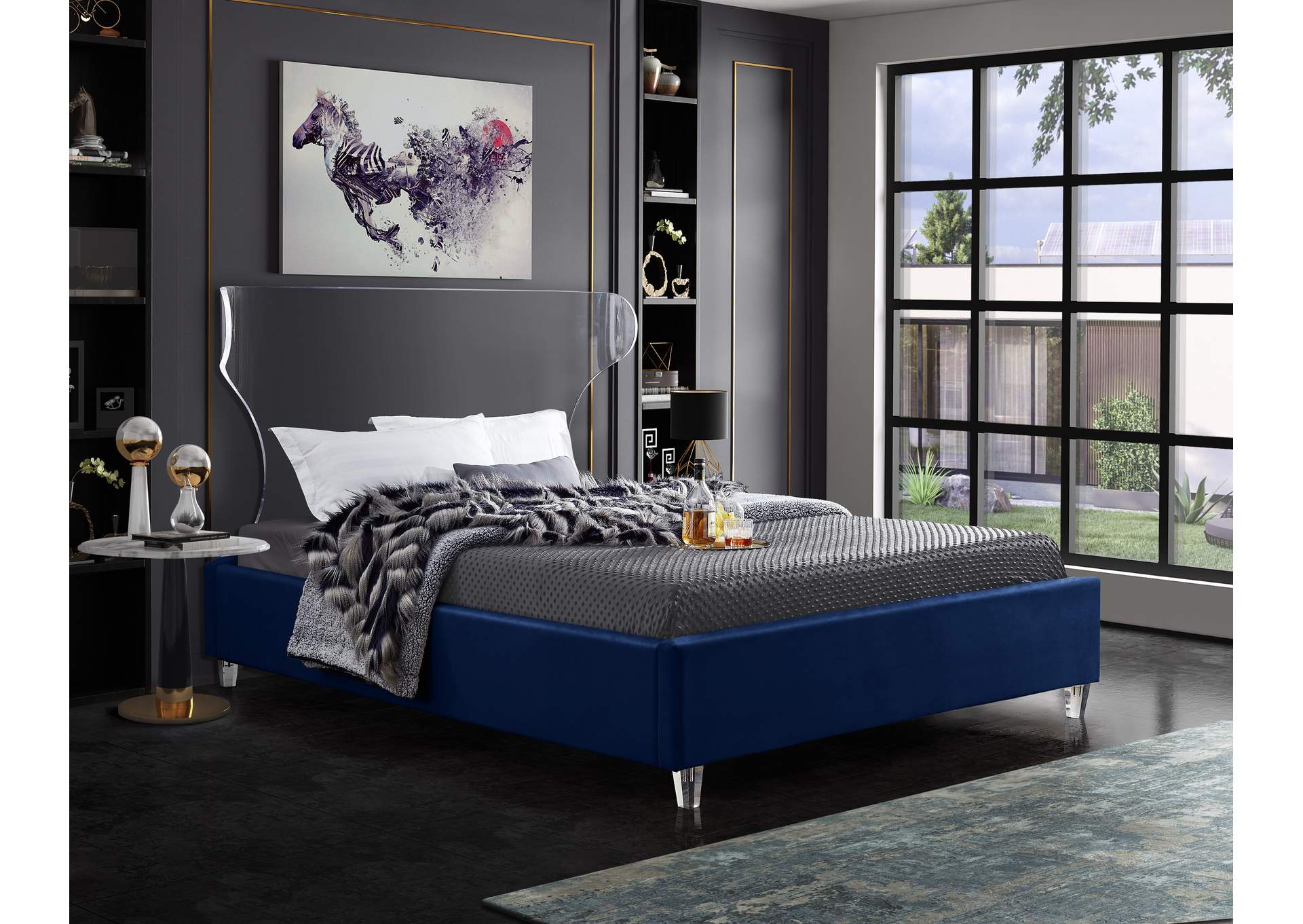 Ghost Navy Velvet Full Bed,Meridian Furniture