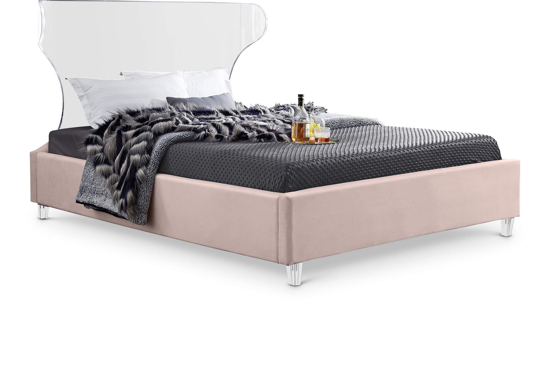 Ghost Pink Velvet Full Bed,Meridian Furniture