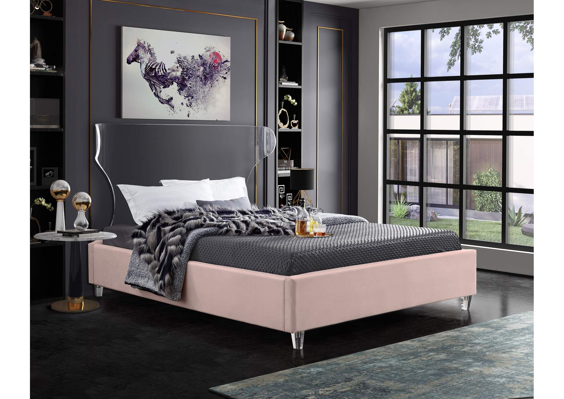 Ghost Pink Velvet Full Bed,Meridian Furniture