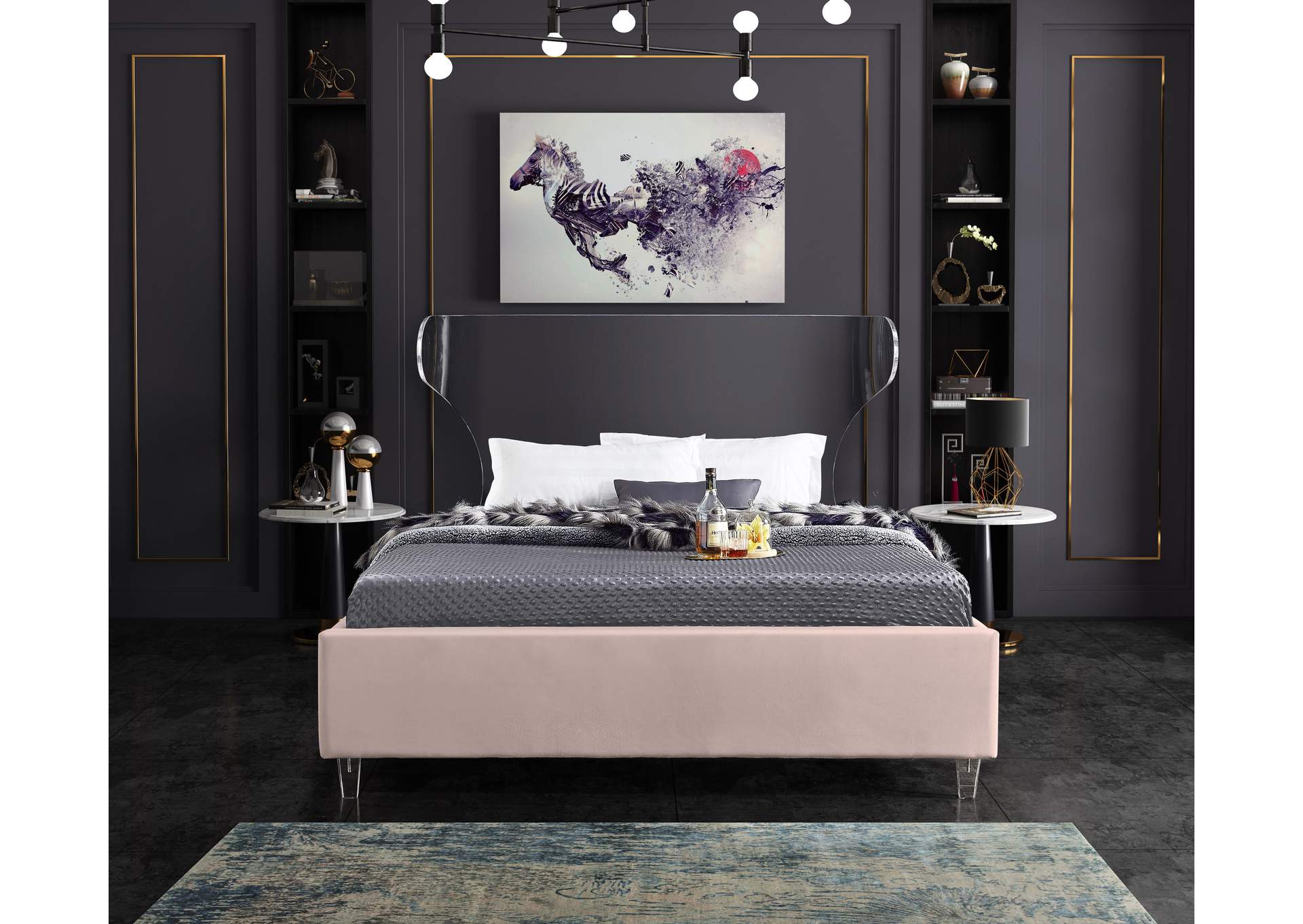 Ghost Pink Velvet Full Bed,Meridian Furniture