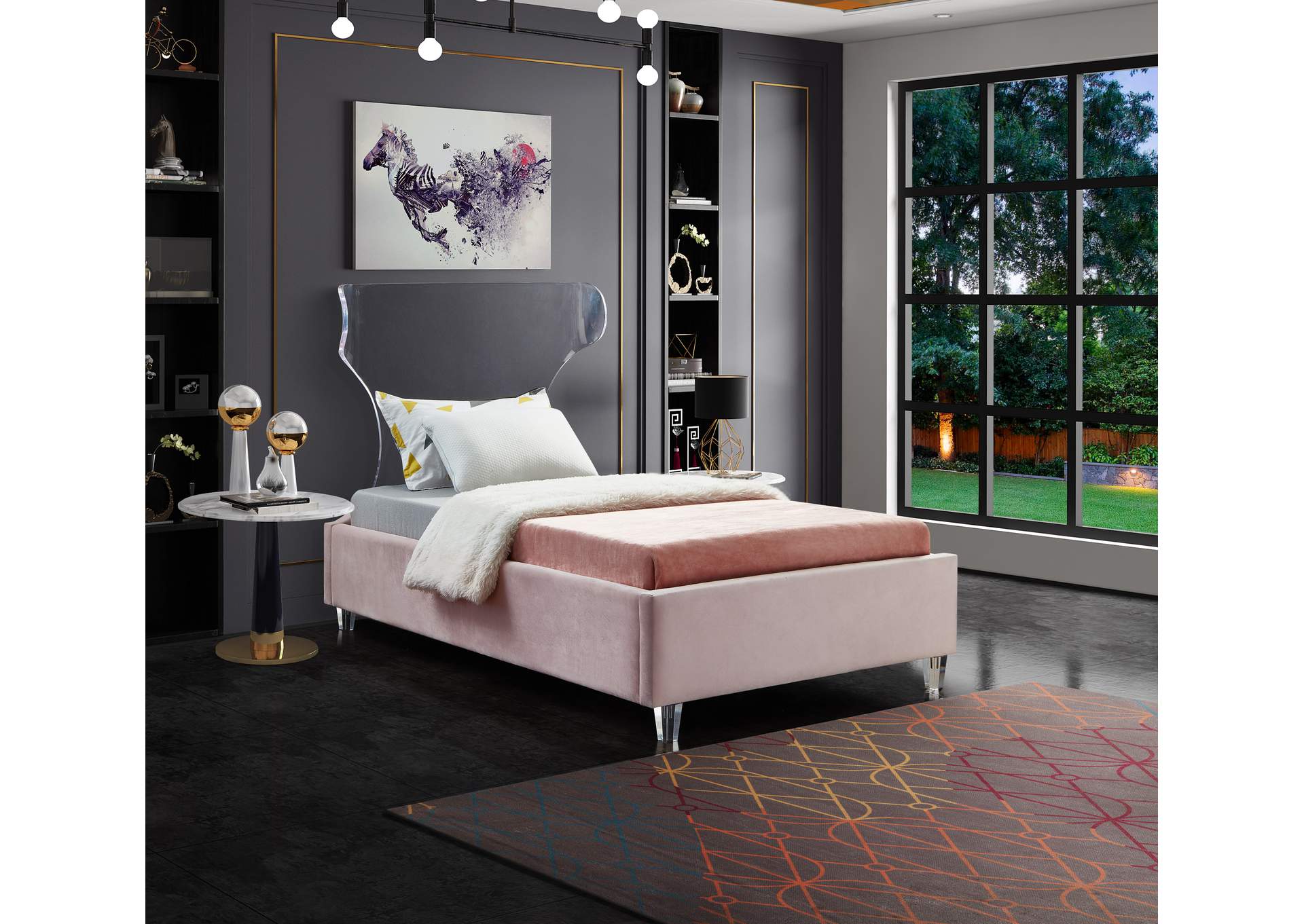 Ghost Pink Velvet Twin Bed,Meridian Furniture