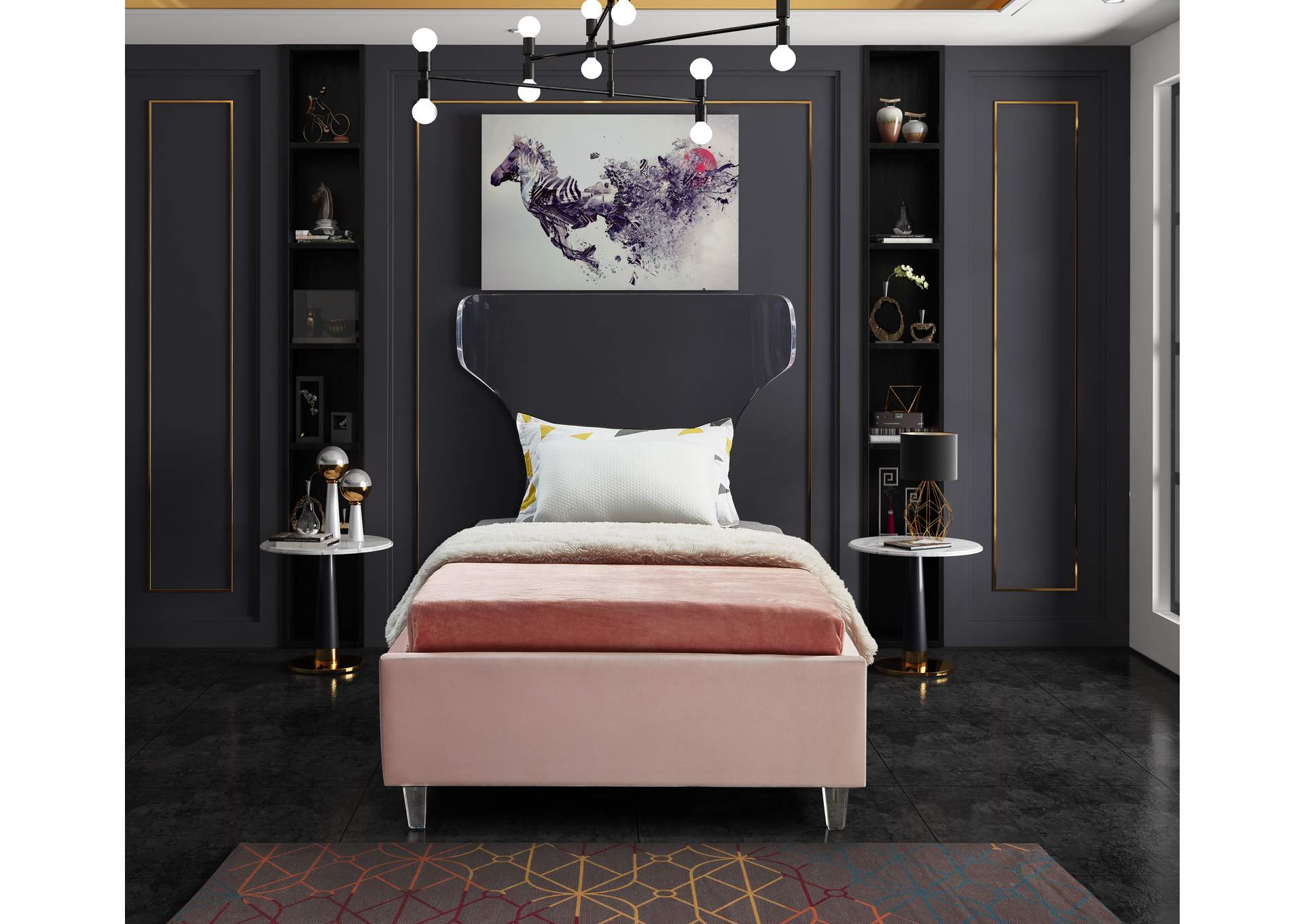 Ghost Pink Velvet Twin Bed,Meridian Furniture