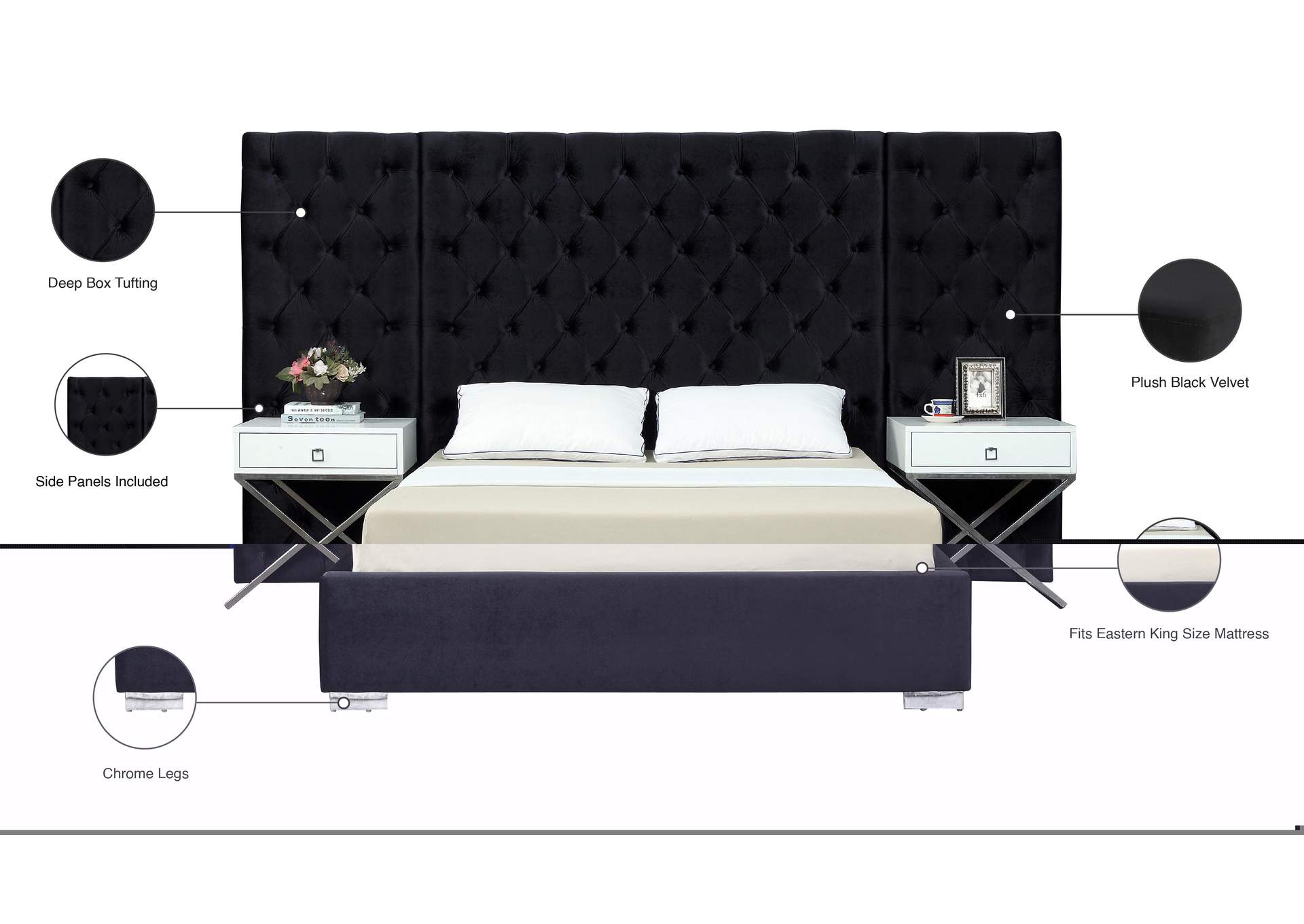 Grande Black Velvet King Bed (3 Boxes),Meridian Furniture