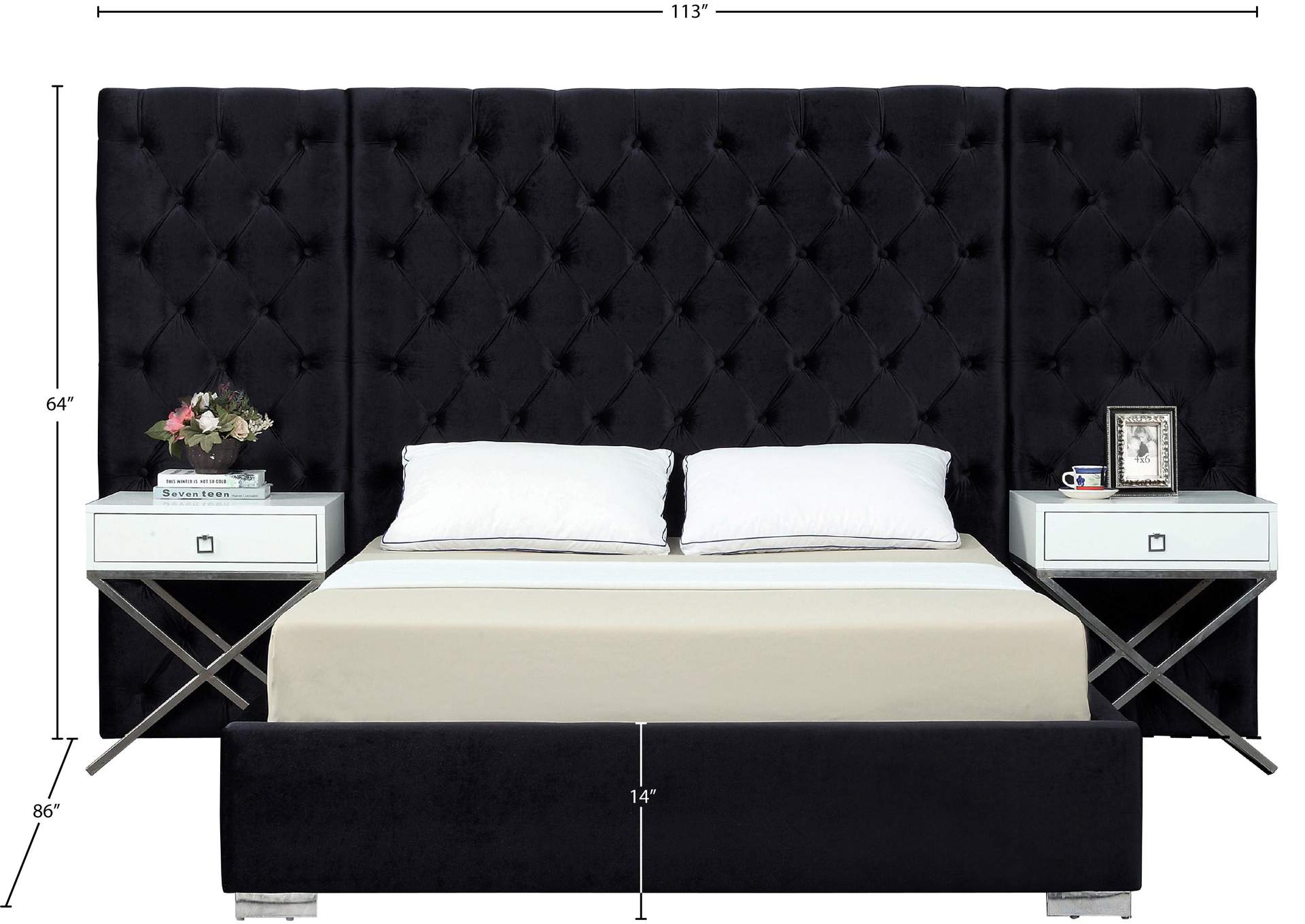 Grande Black Velvet Queen Bed (3 Boxes),Meridian Furniture