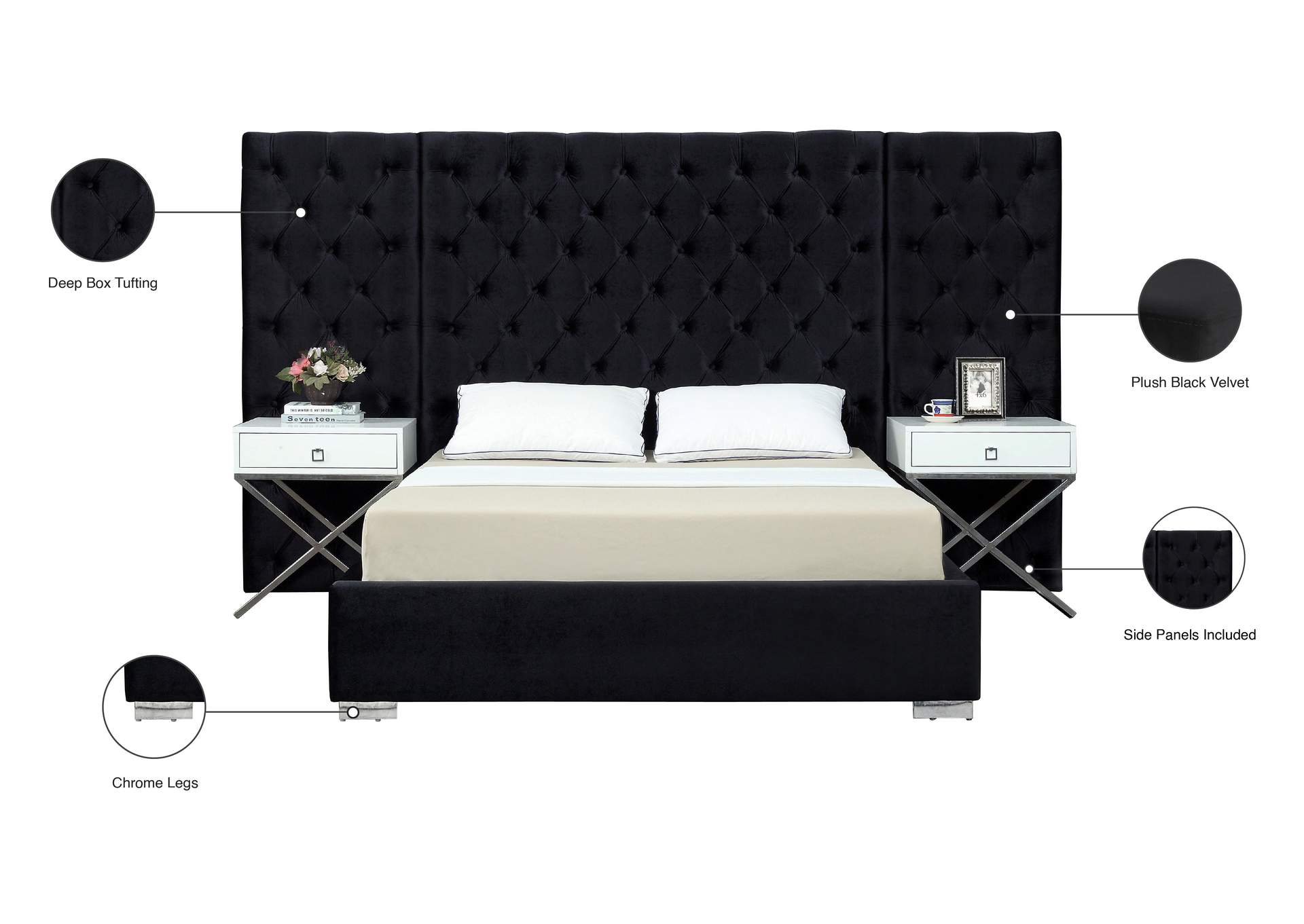 Grande Black Velvet Queen Bed (3 Boxes),Meridian Furniture