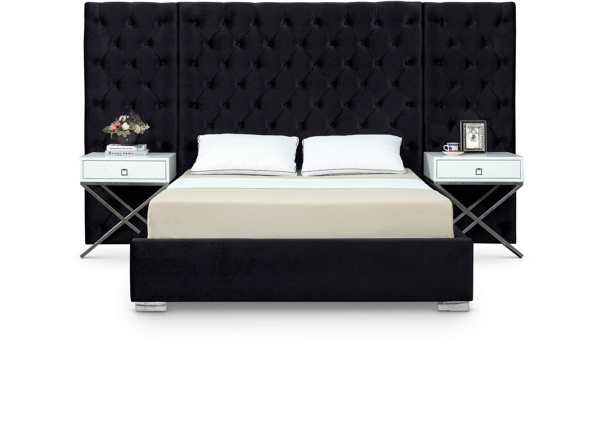 Grande Black Velvet Queen Bed (3 Boxes),Meridian Furniture