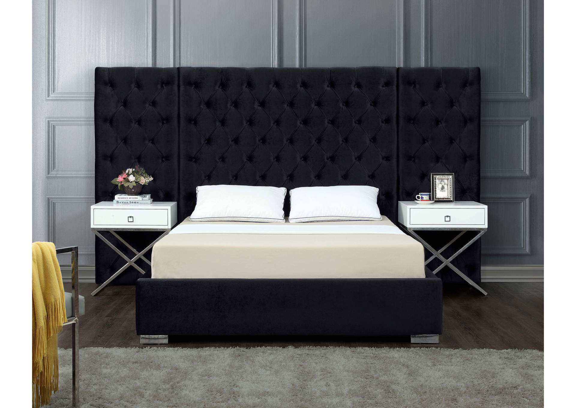 Grande Black Velvet Queen Bed (3 Boxes),Meridian Furniture