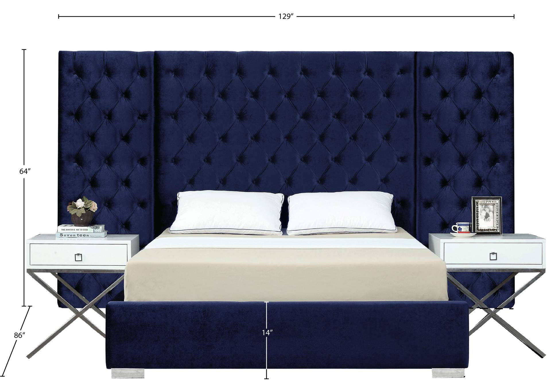 Grande Navy Velvet King Bed (3 Boxes),Meridian Furniture