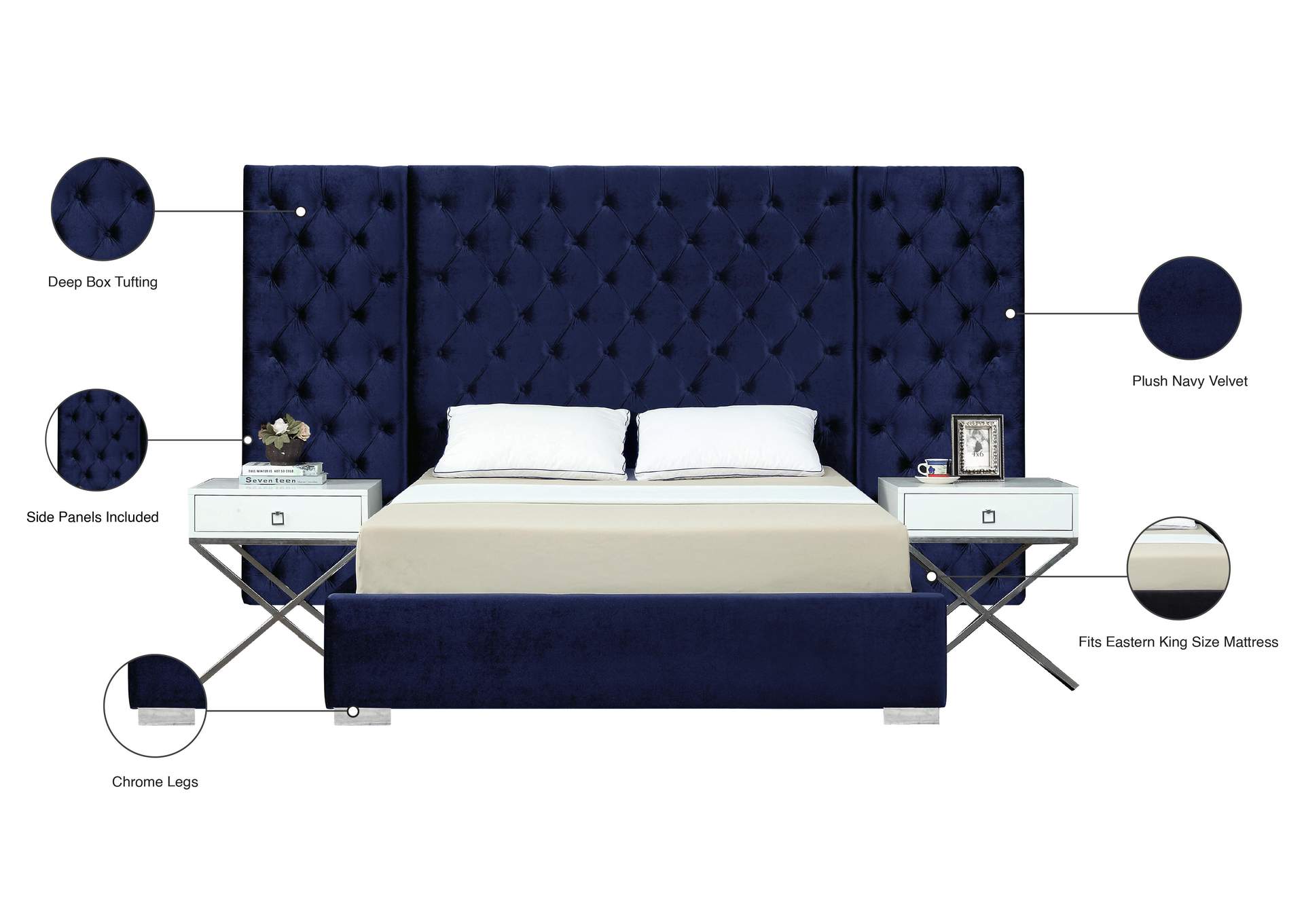 Grande Navy Velvet King Bed (3 Boxes),Meridian Furniture