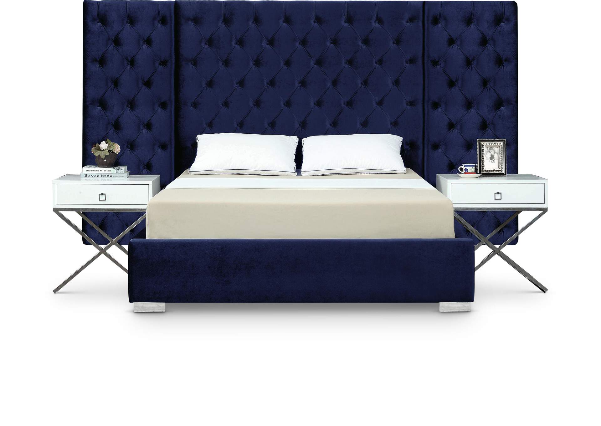 Grande Navy Velvet King Bed (3 Boxes),Meridian Furniture