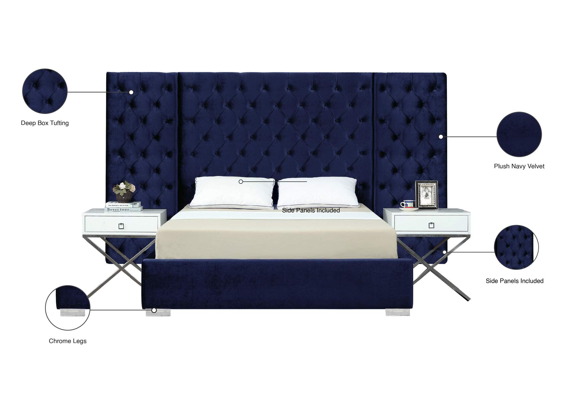 Grande Navy Velvet Queen Bed (3 Boxes),Meridian Furniture