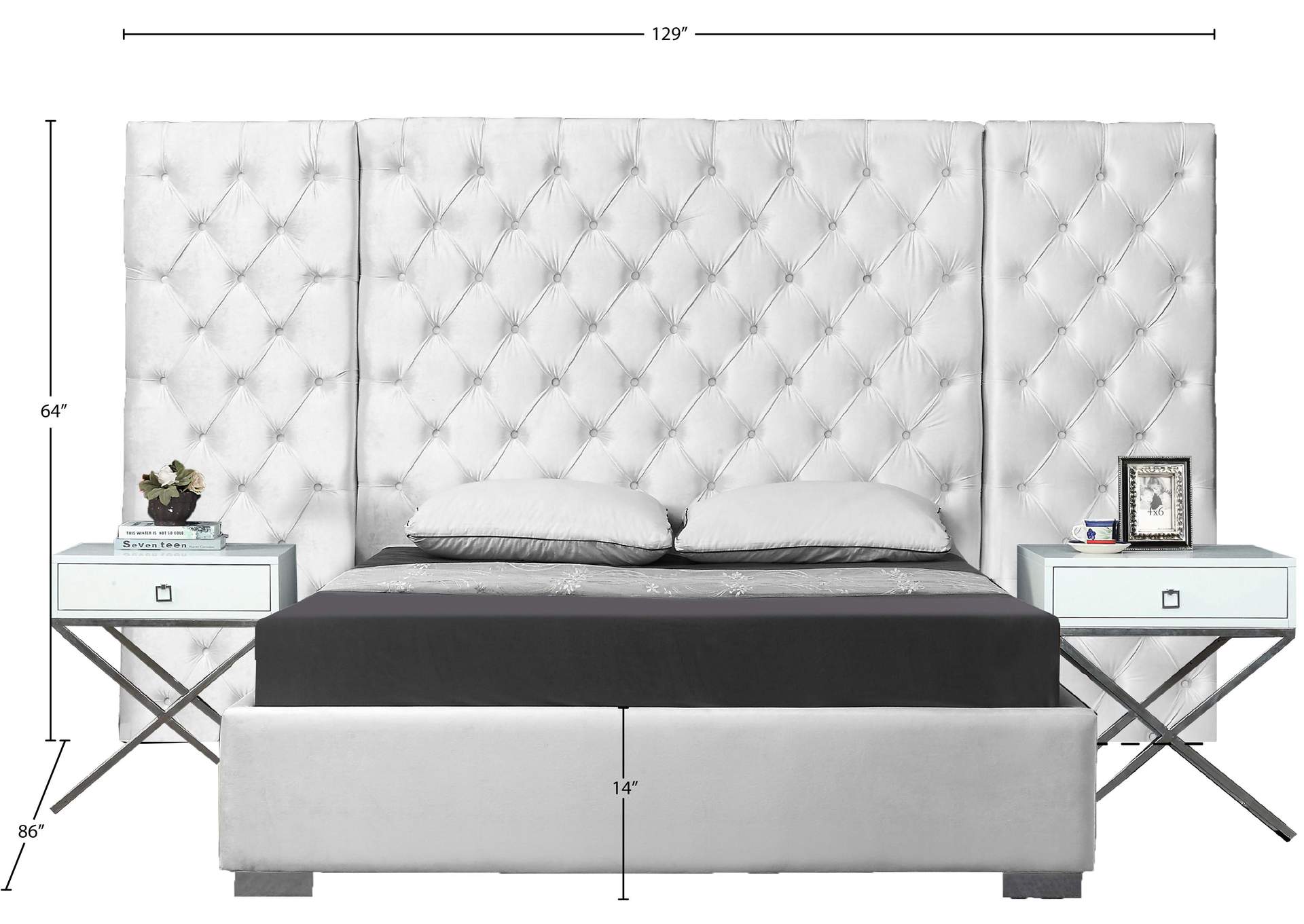 Grande White Velvet King Bed (3 Boxes),Meridian Furniture