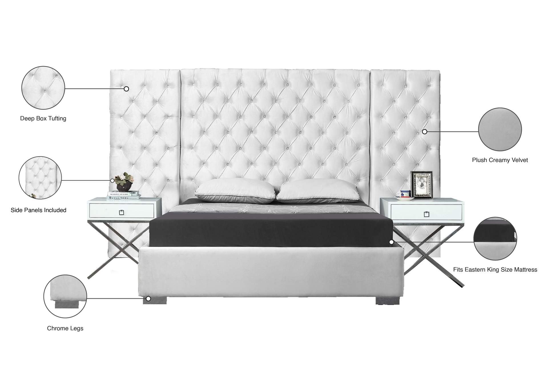 Grande White Velvet King Bed (3 Boxes),Meridian Furniture