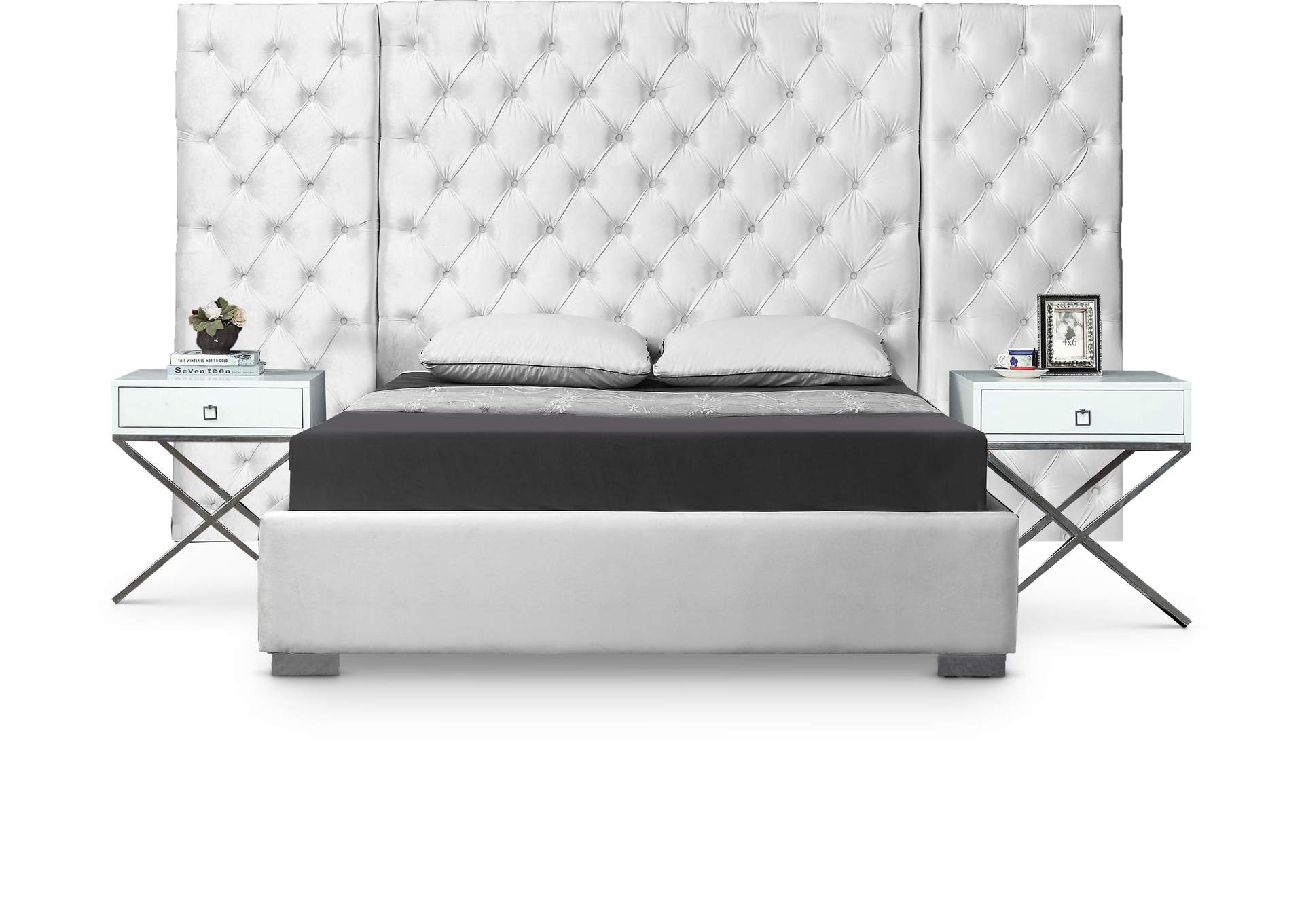 Grande White Velvet King Bed (3 Boxes),Meridian Furniture