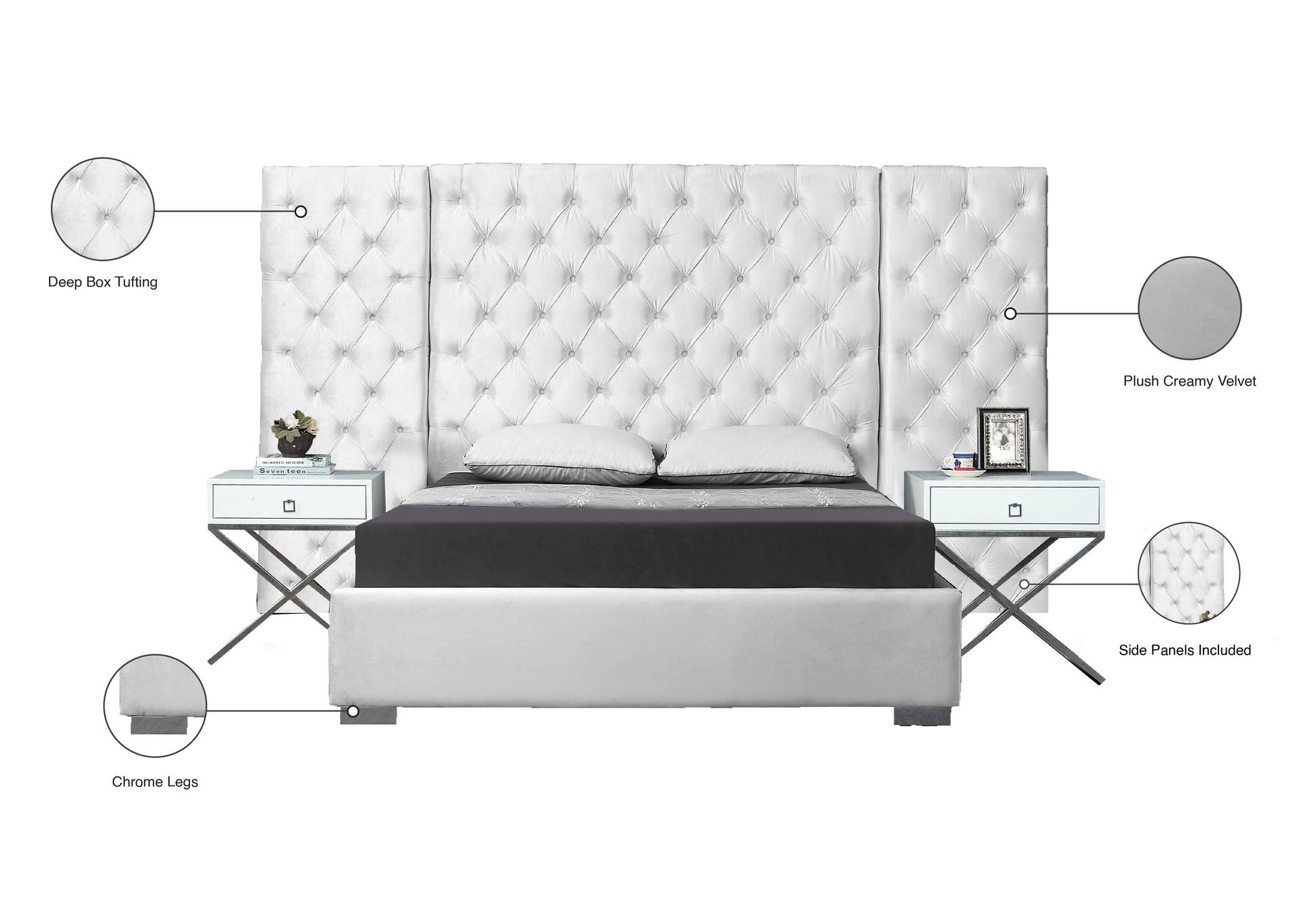 Grande White Velvet Queen Bed (3 Boxes),Meridian Furniture