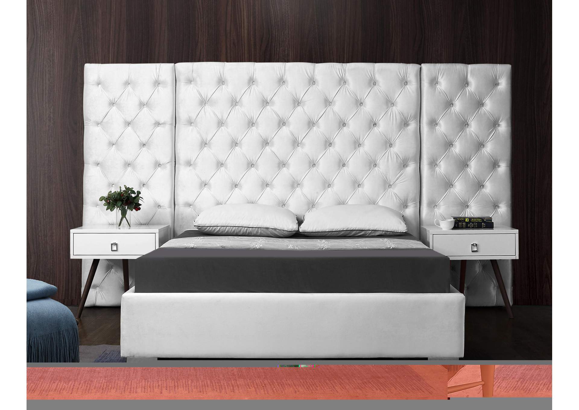 Grande White Velvet Queen Bed (3 Boxes),Meridian Furniture