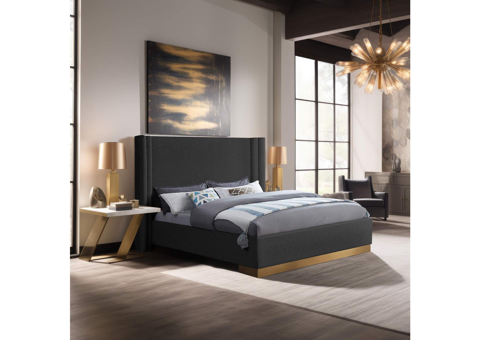 Halton Black Boucle Fabric Queen Bed (3 Boxes),Meridian Furniture