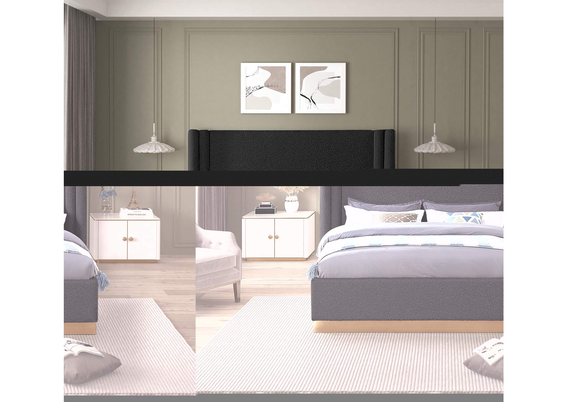 Halton Black Boucle Fabric Queen Bed (3 Boxes),Meridian Furniture