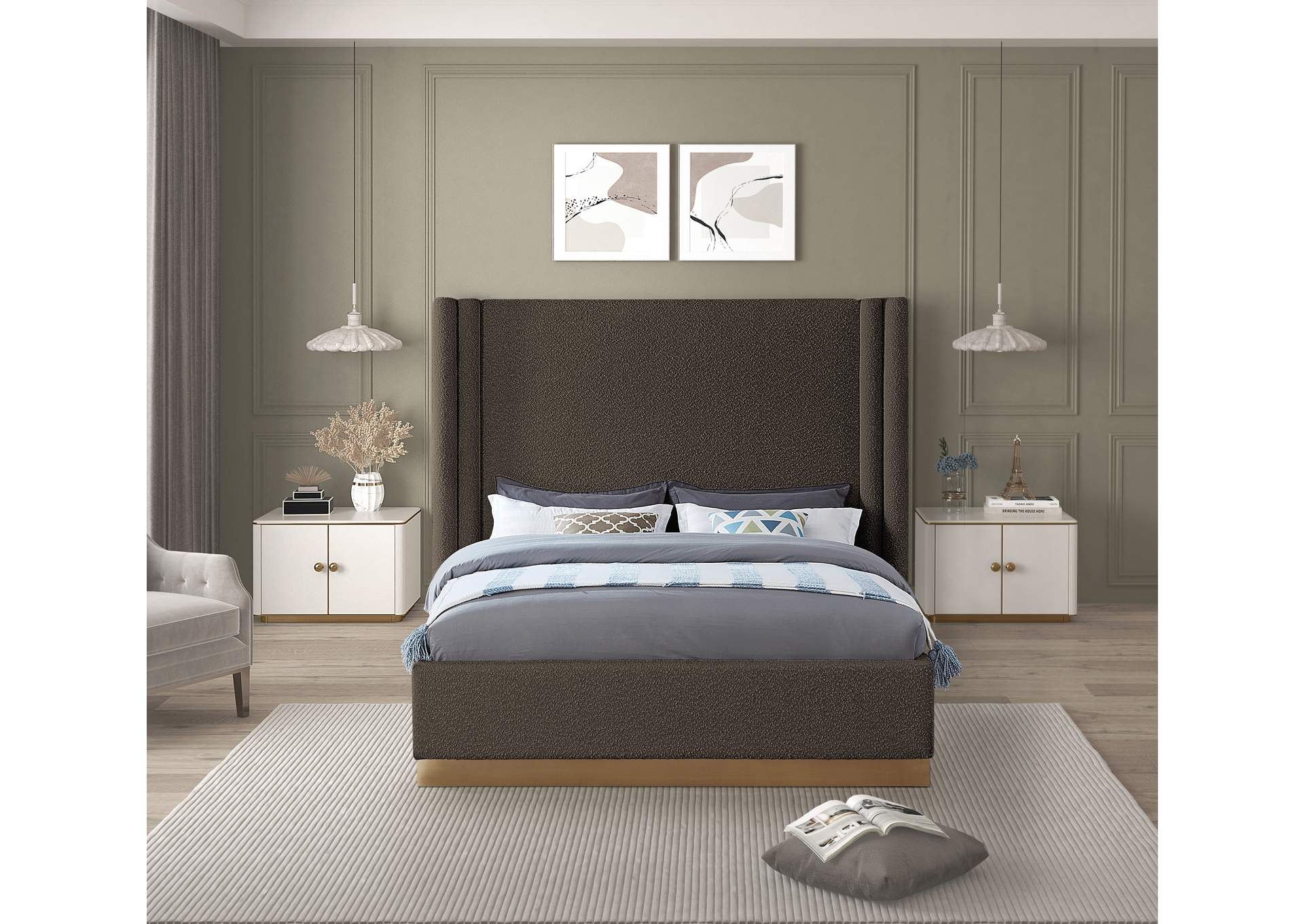 Halton Brown Boucle Fabric Queen Bed (3 Boxes),Meridian Furniture