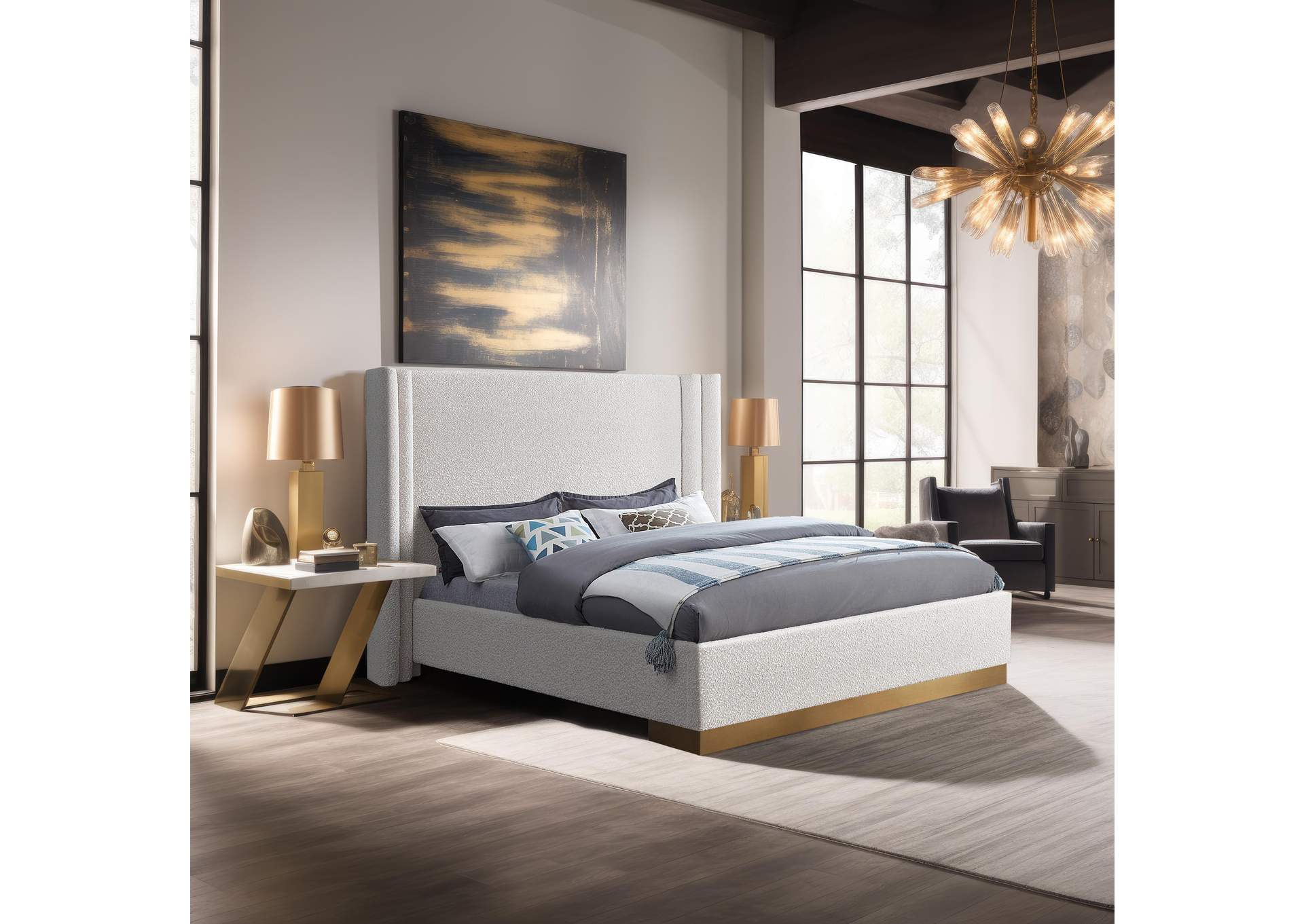 Halton Cream Boucle Fabric King Bed (3 Boxes),Meridian Furniture
