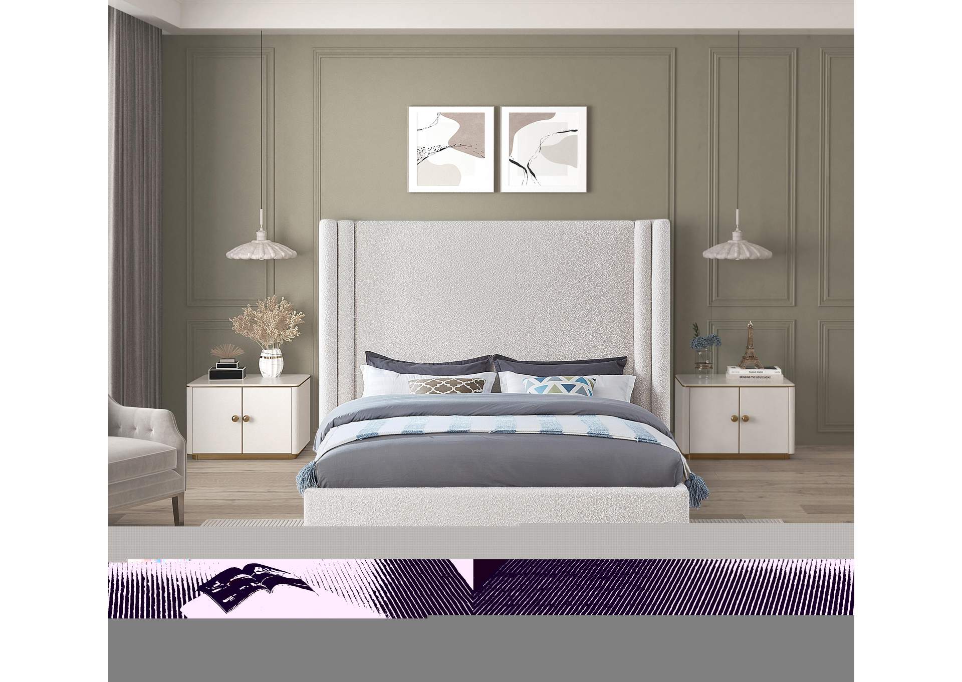 Halton Cream Boucle Fabric Queen Bed (3 Boxes),Meridian Furniture