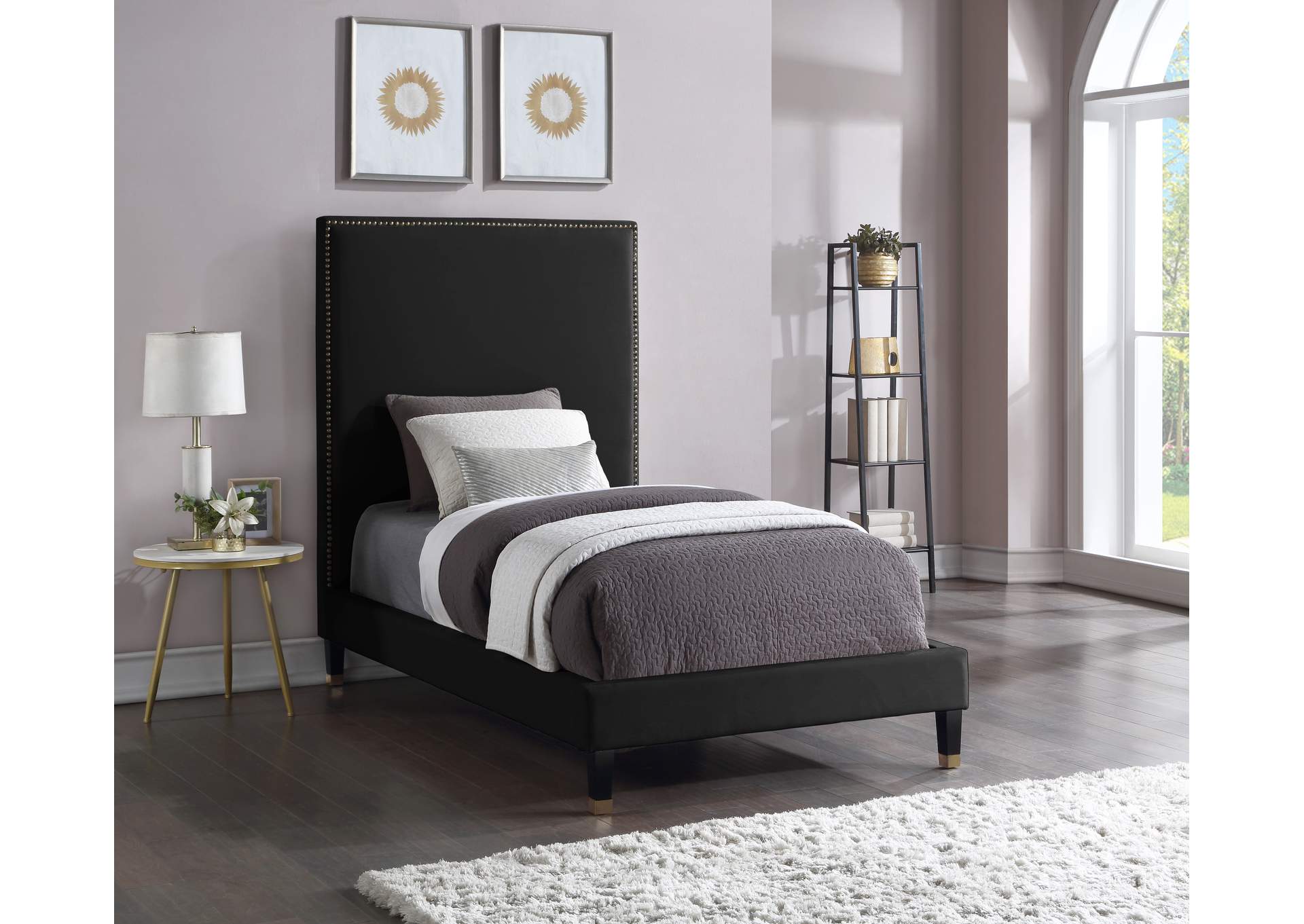 Harlie Black Velvet Twin Bed,Meridian Furniture