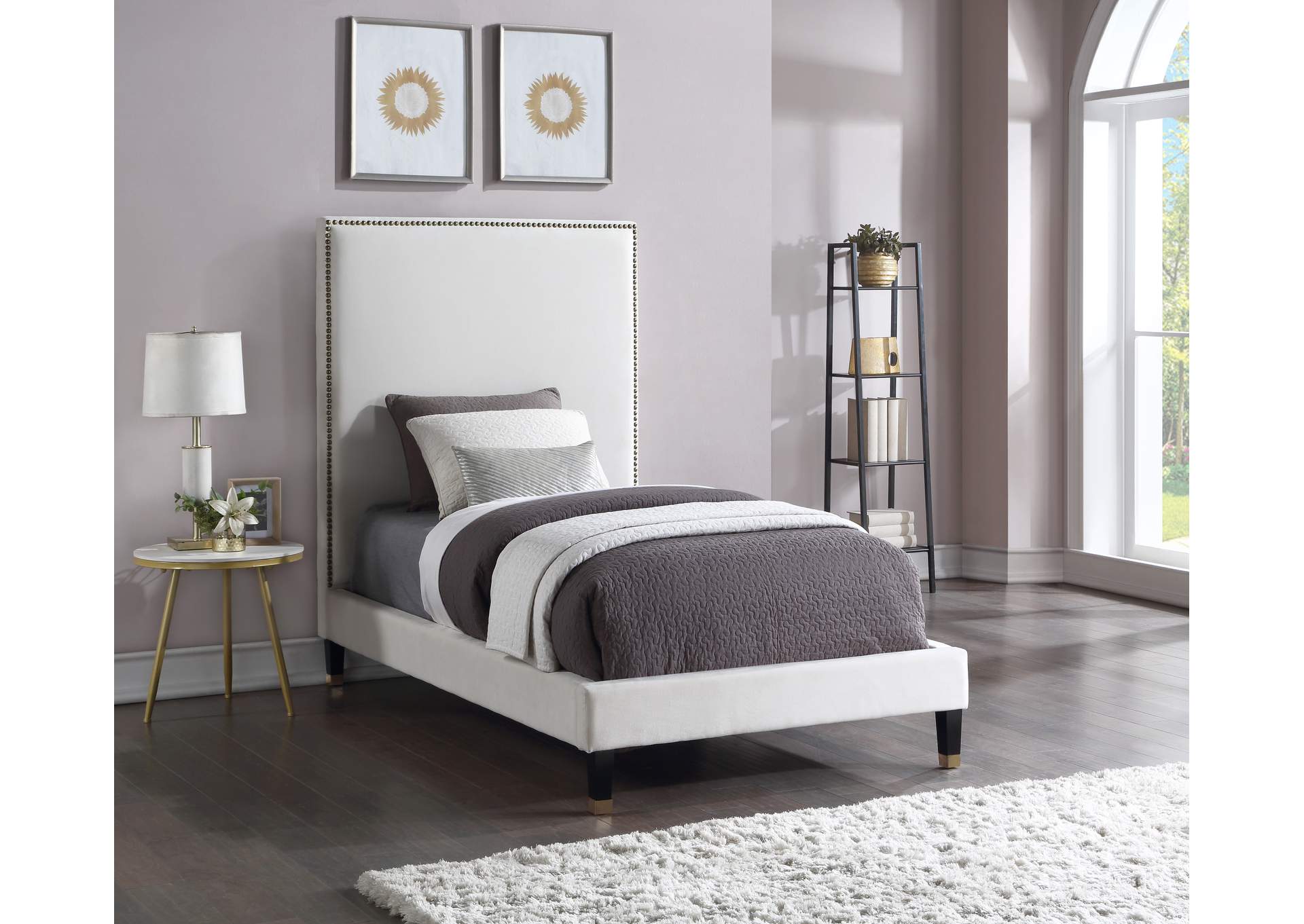 Harlie Cream Velvet Twin Bed,Meridian Furniture