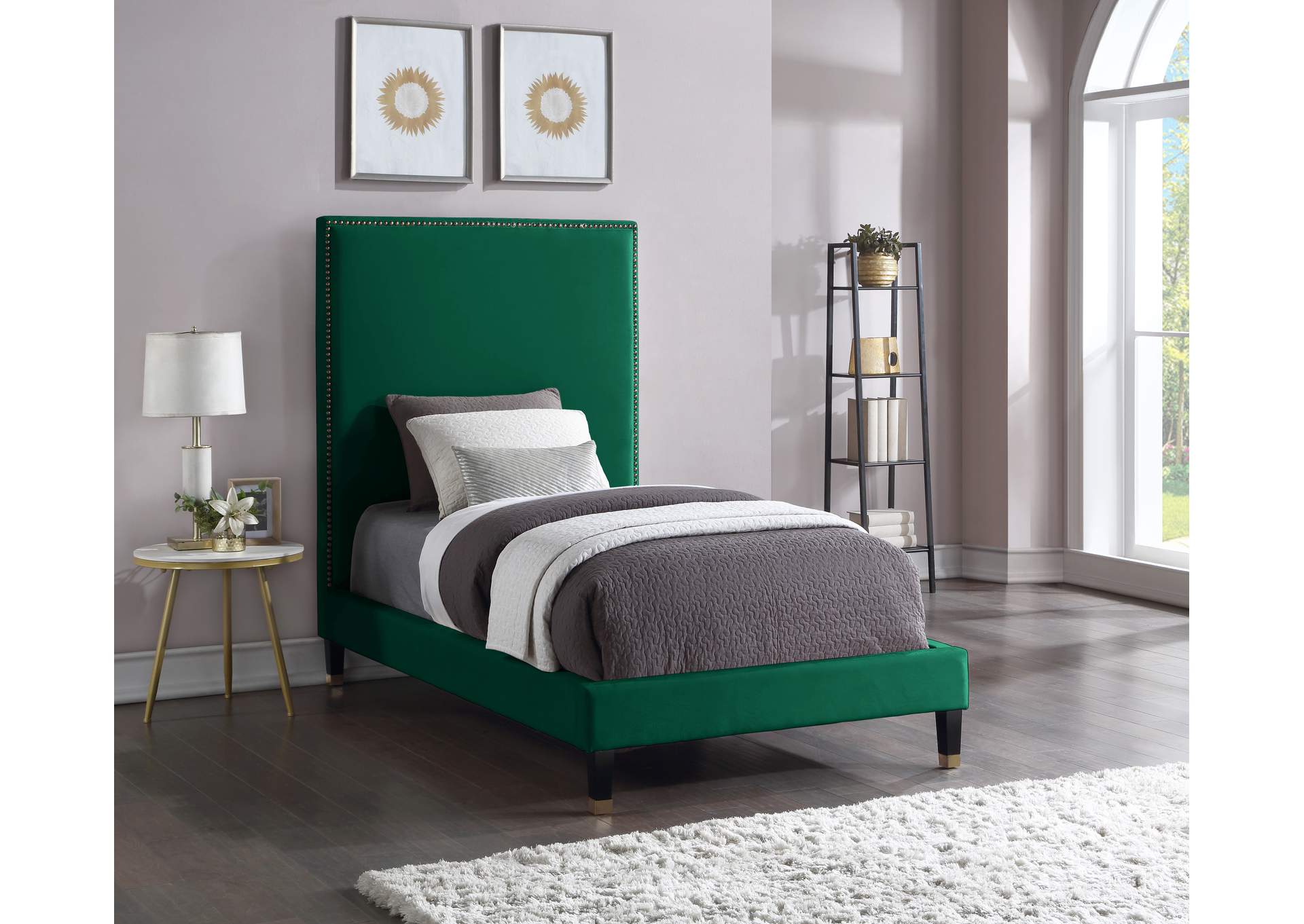 Harlie Green Velvet Twin Bed,Meridian Furniture