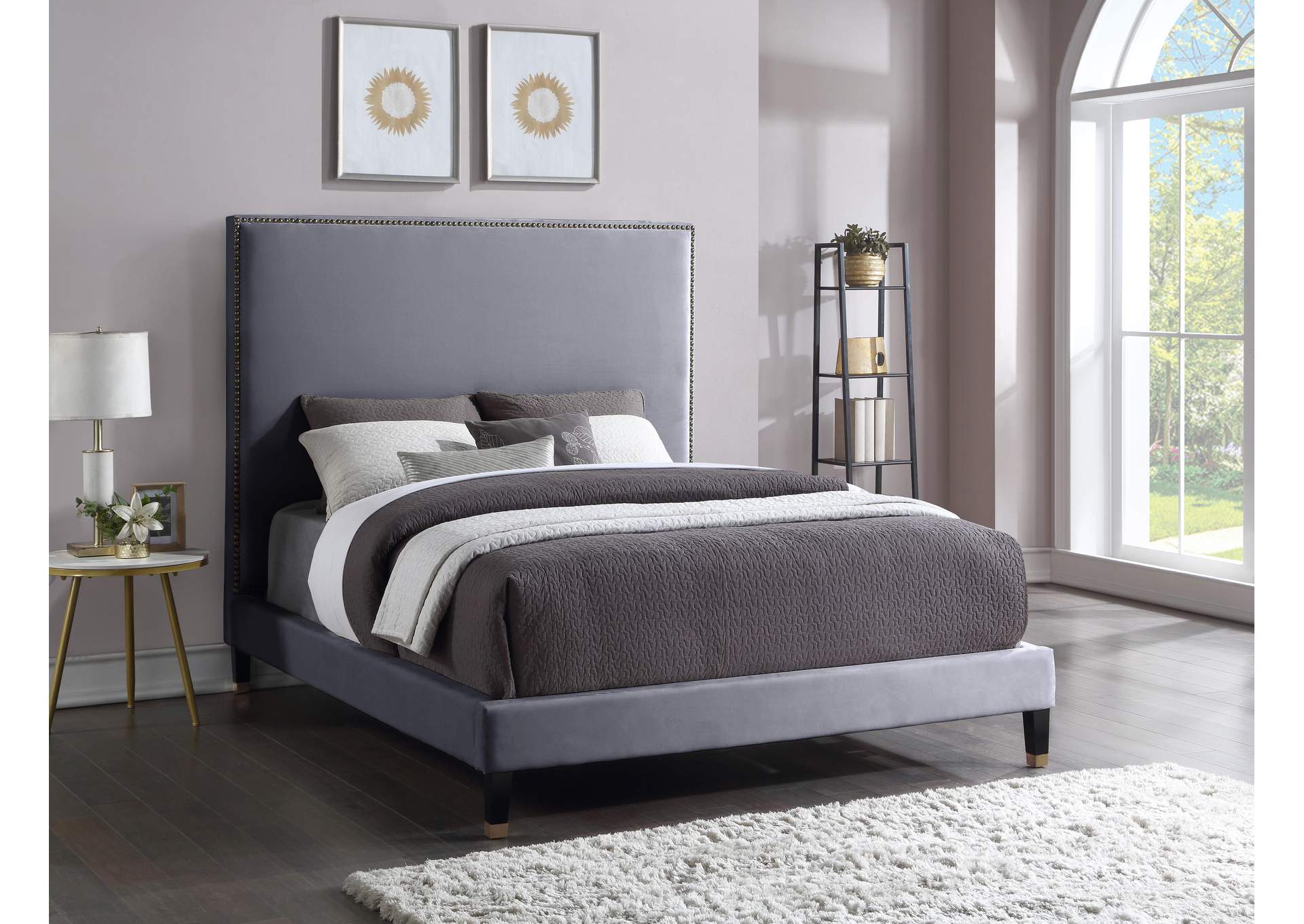 Harlie Grey Velvet Queen Bed,Meridian Furniture