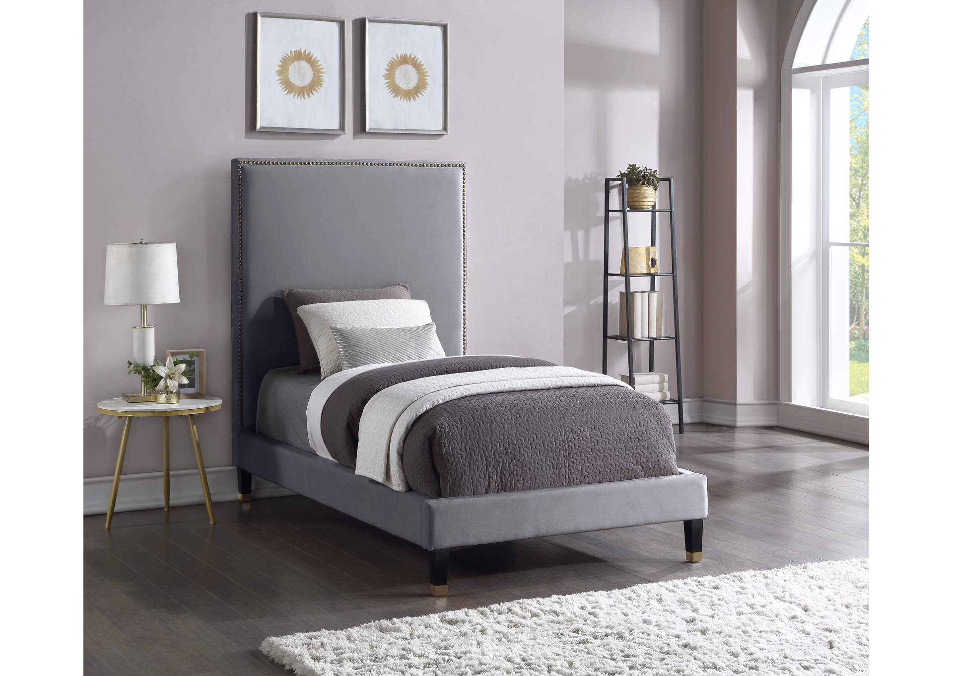 Harlie Grey Velvet Twin Bed,Meridian Furniture