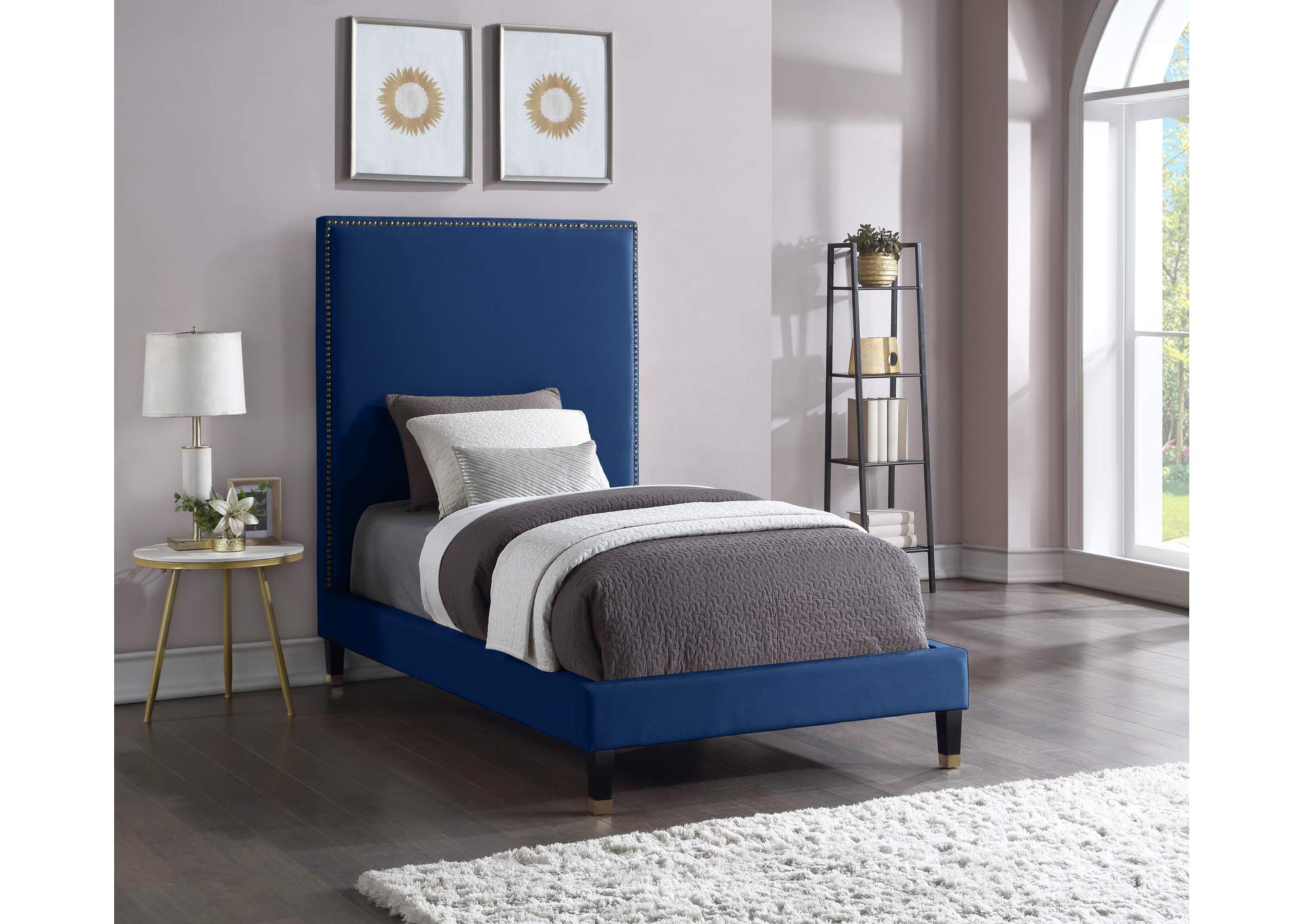 Harlie Navy Velvet Twin Bed,Meridian Furniture