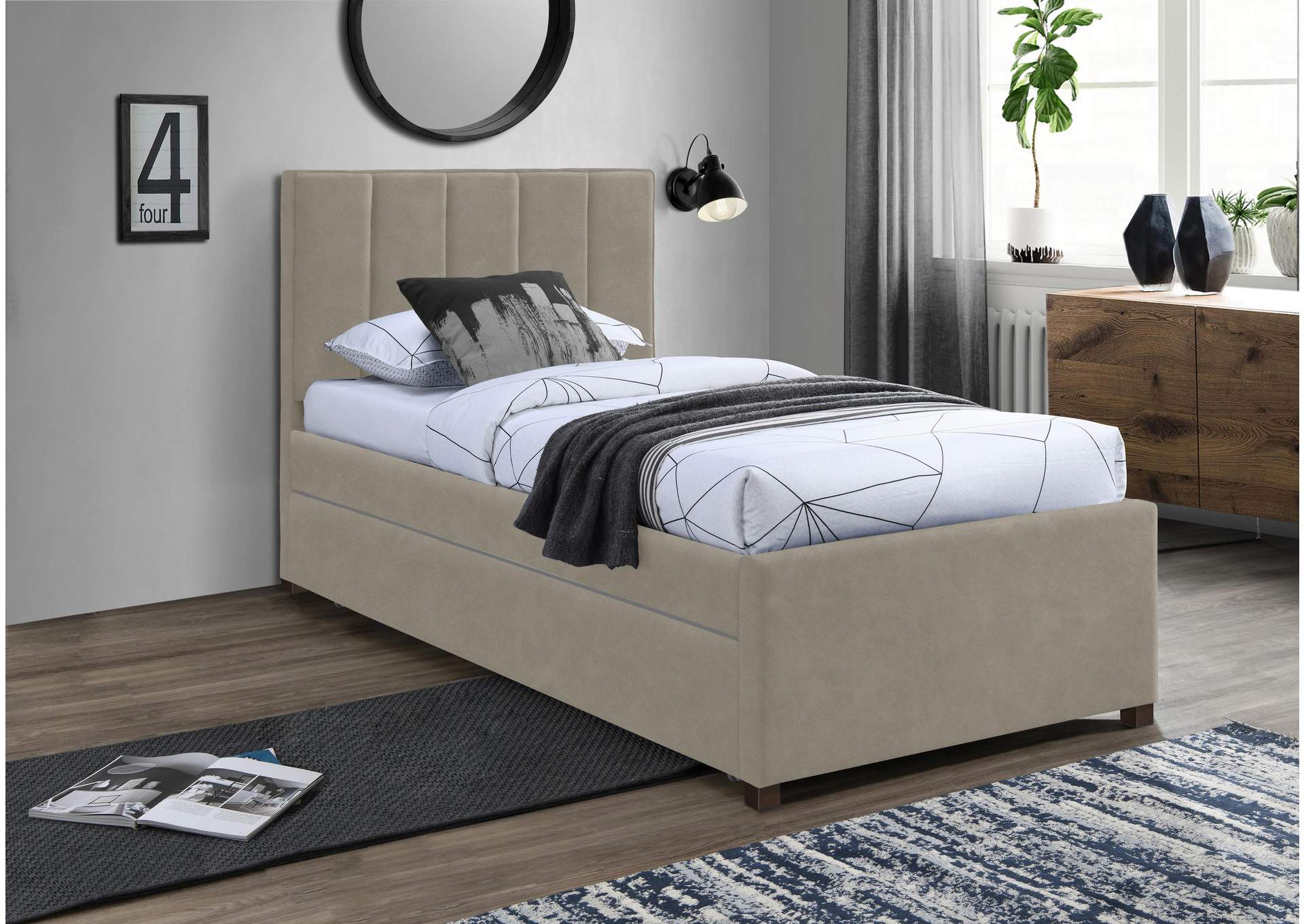 Hudson Beige Faux Leather Twin Trundle Bed,Meridian Furniture