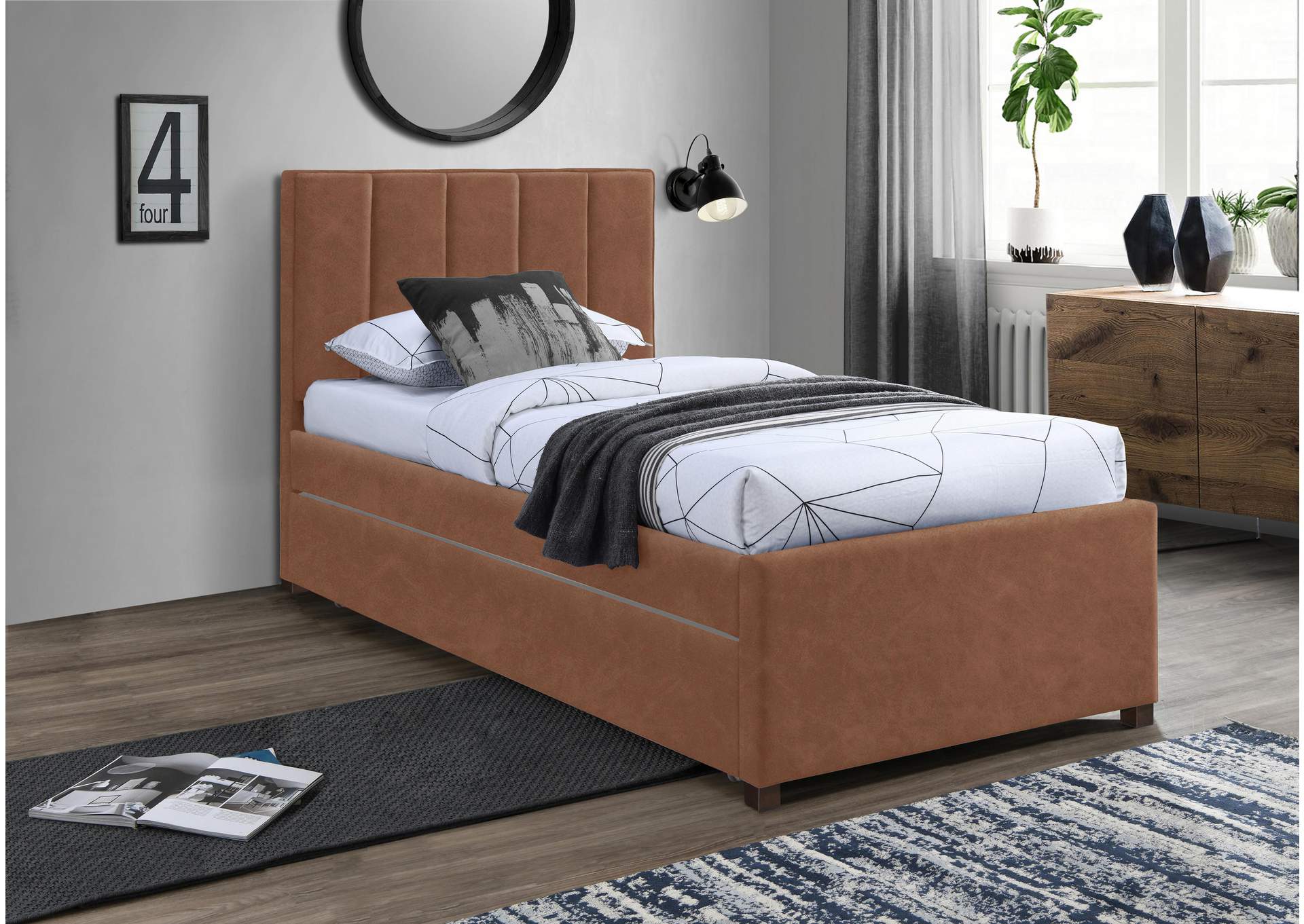 Hudson Cognac Faux Leather Twin Trundle Bed,Meridian Furniture
