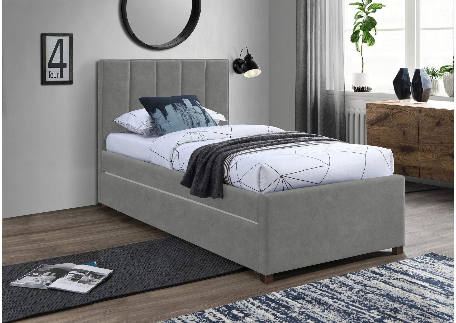 Hudson Grey Faux Leather Twin Trundle Bed,Meridian Furniture