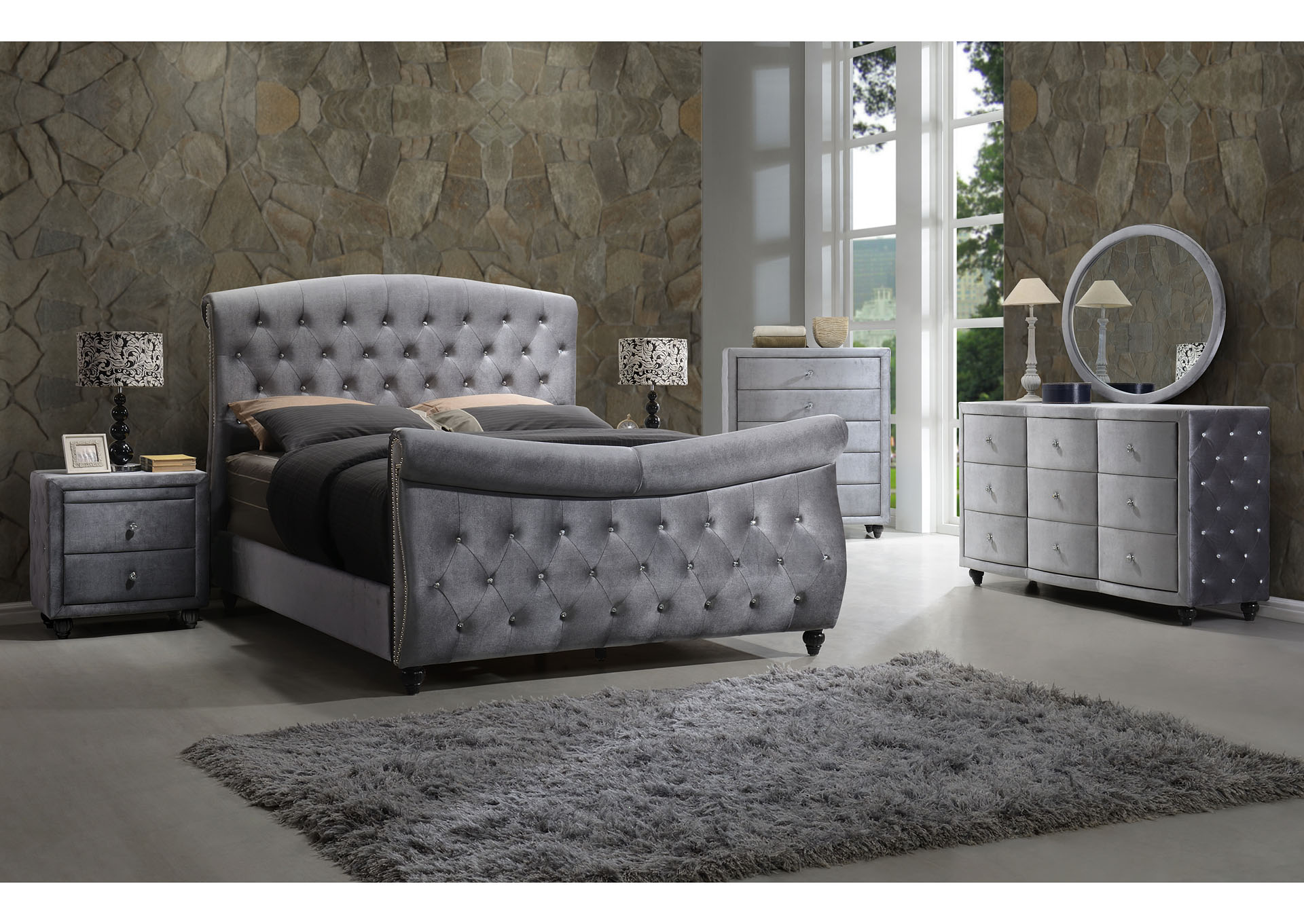 Hudson Grey Velvet Sleigh King Bed W Dresser And Mirror Alexis Furniture