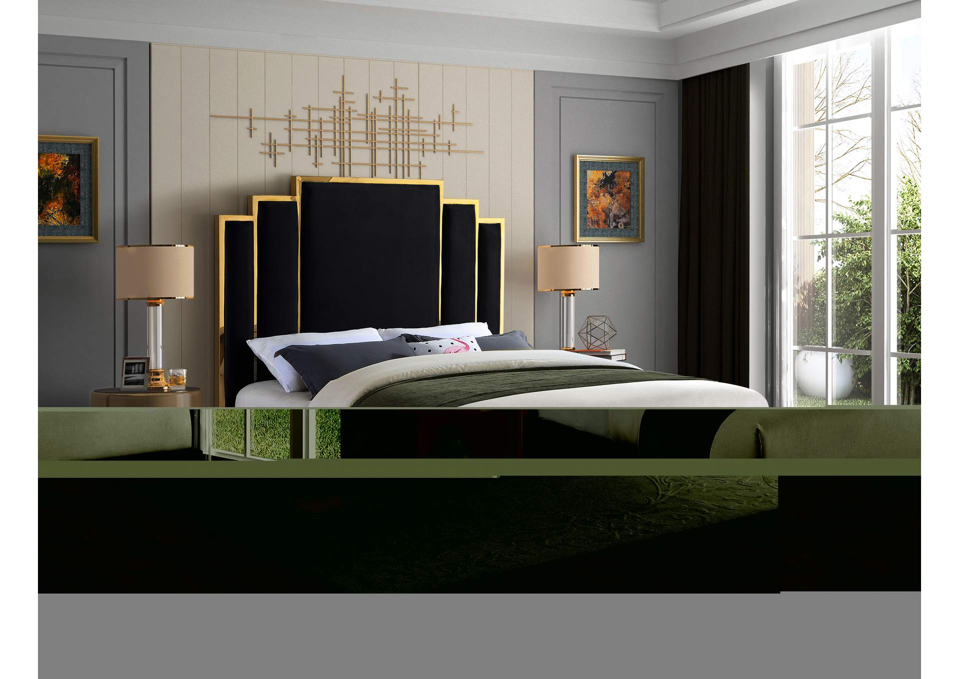 Hugo Black Velvet Queen Bed,Meridian Furniture