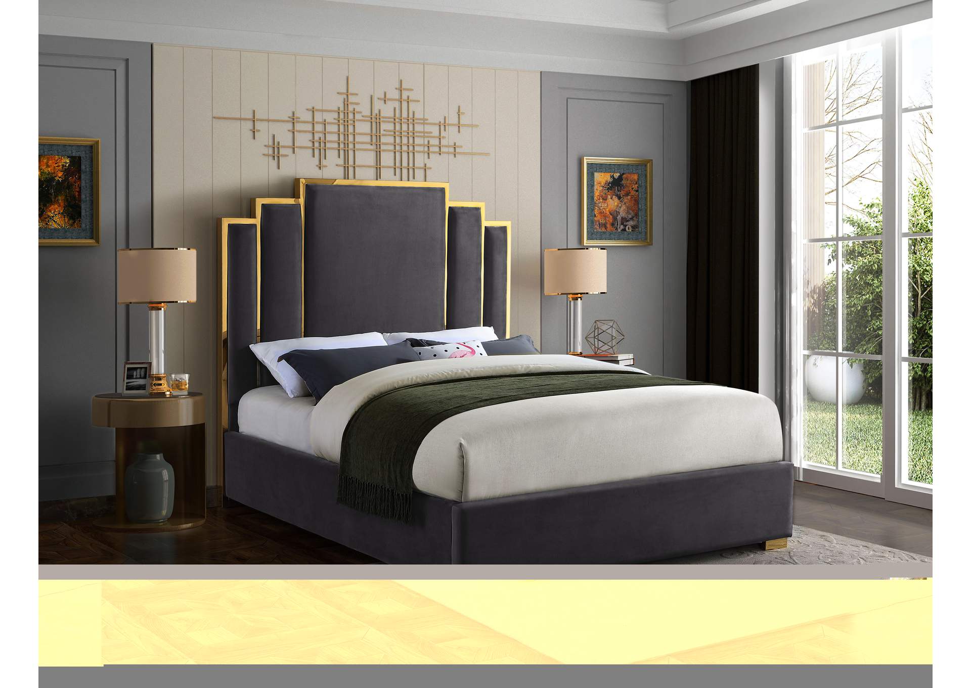 Hugo Grey Velvet Queen Bed,Meridian Furniture