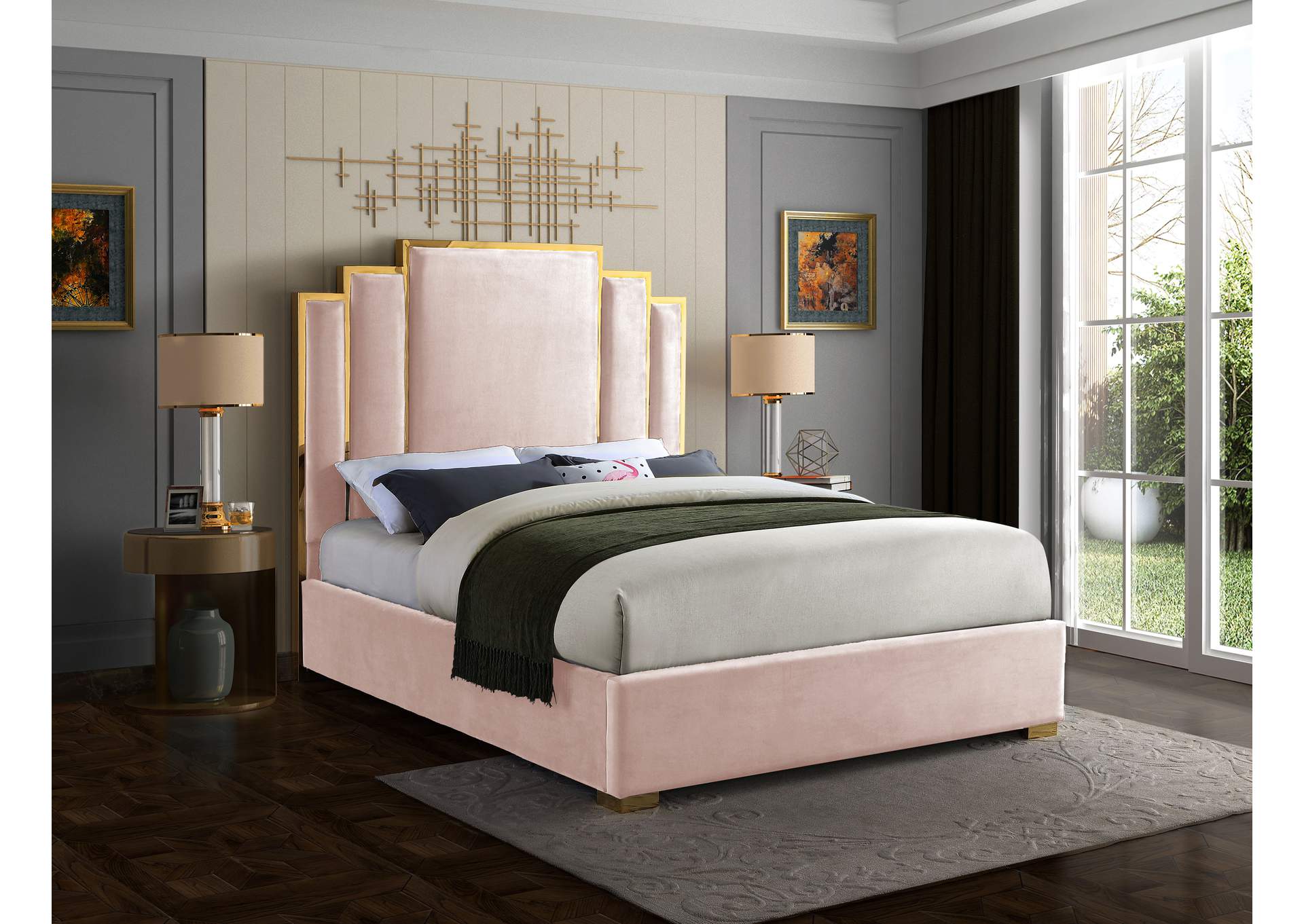 Hugo Pink Velvet King Bed,Meridian Furniture