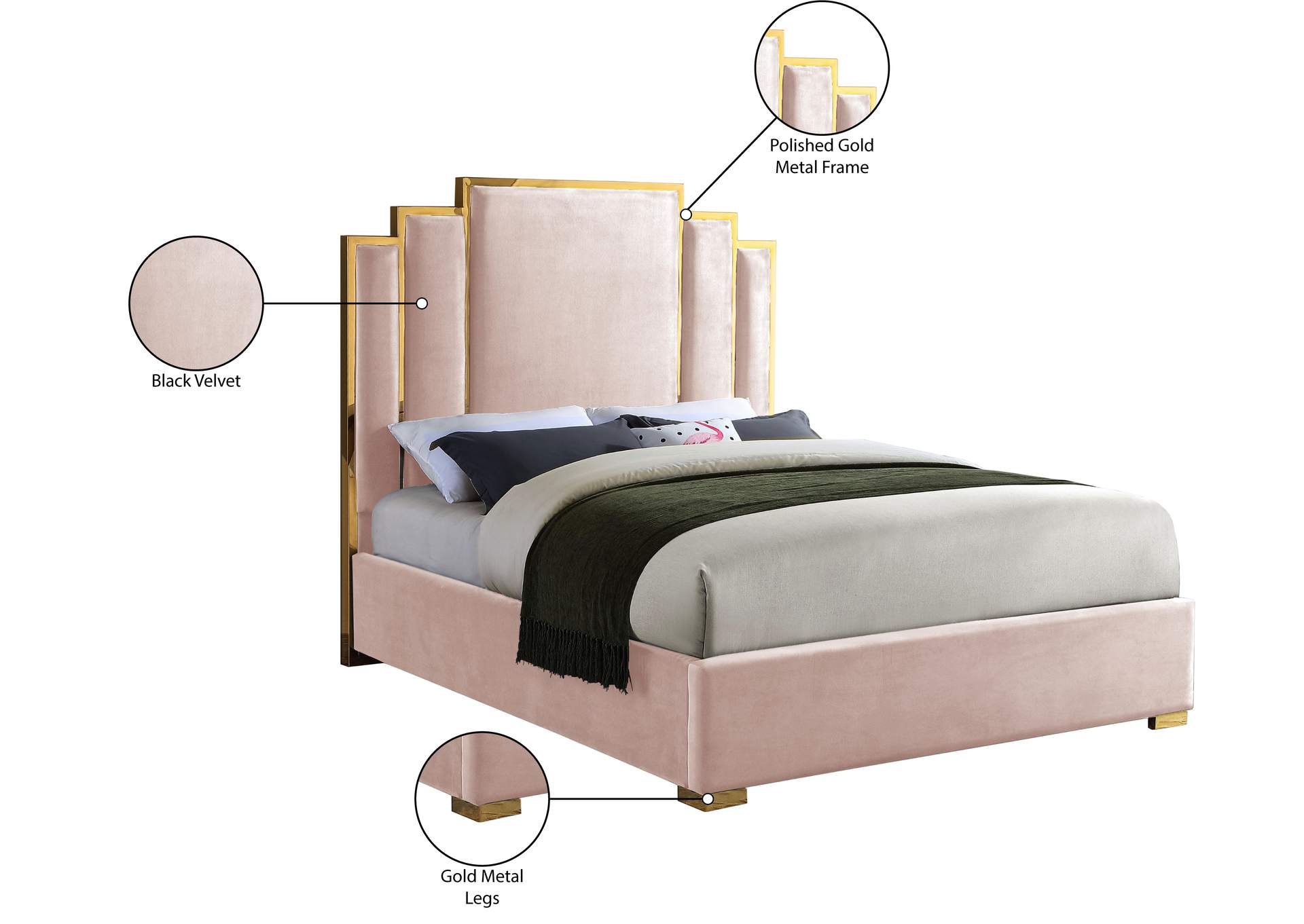 Hugo Pink Velvet Queen Bed,Meridian Furniture