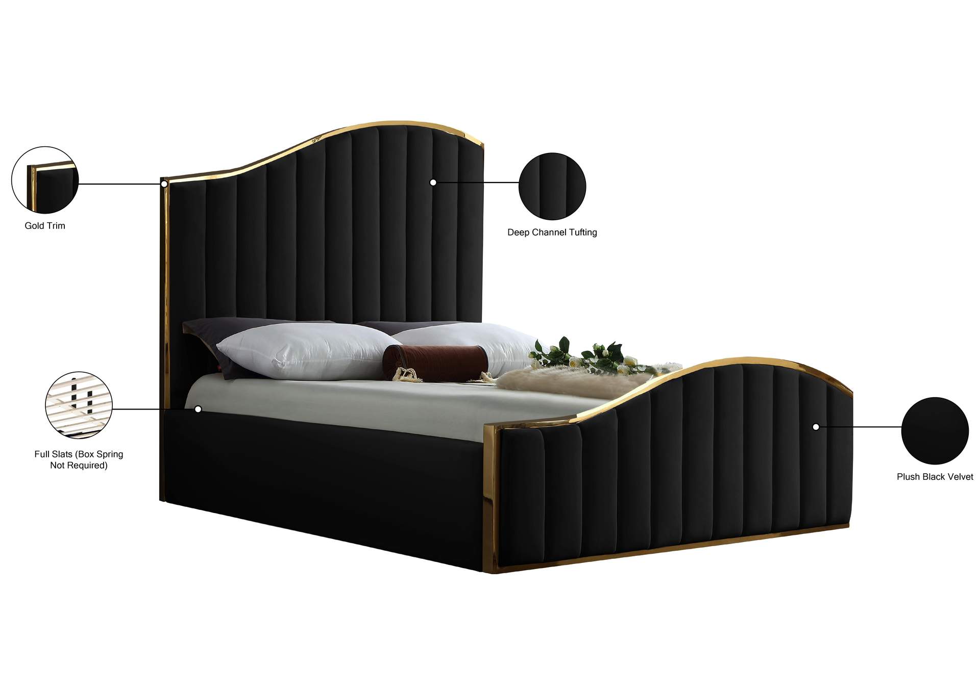 Jolie Black Velvet Queen Bed (3 Boxes),Meridian Furniture