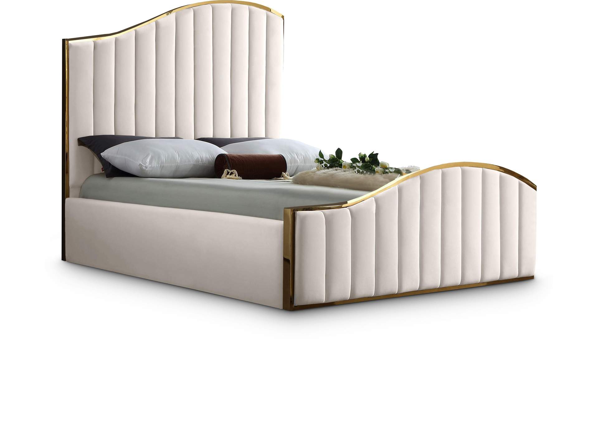 Jolie Cream Velvet Queen Bed (3 Boxes),Meridian Furniture